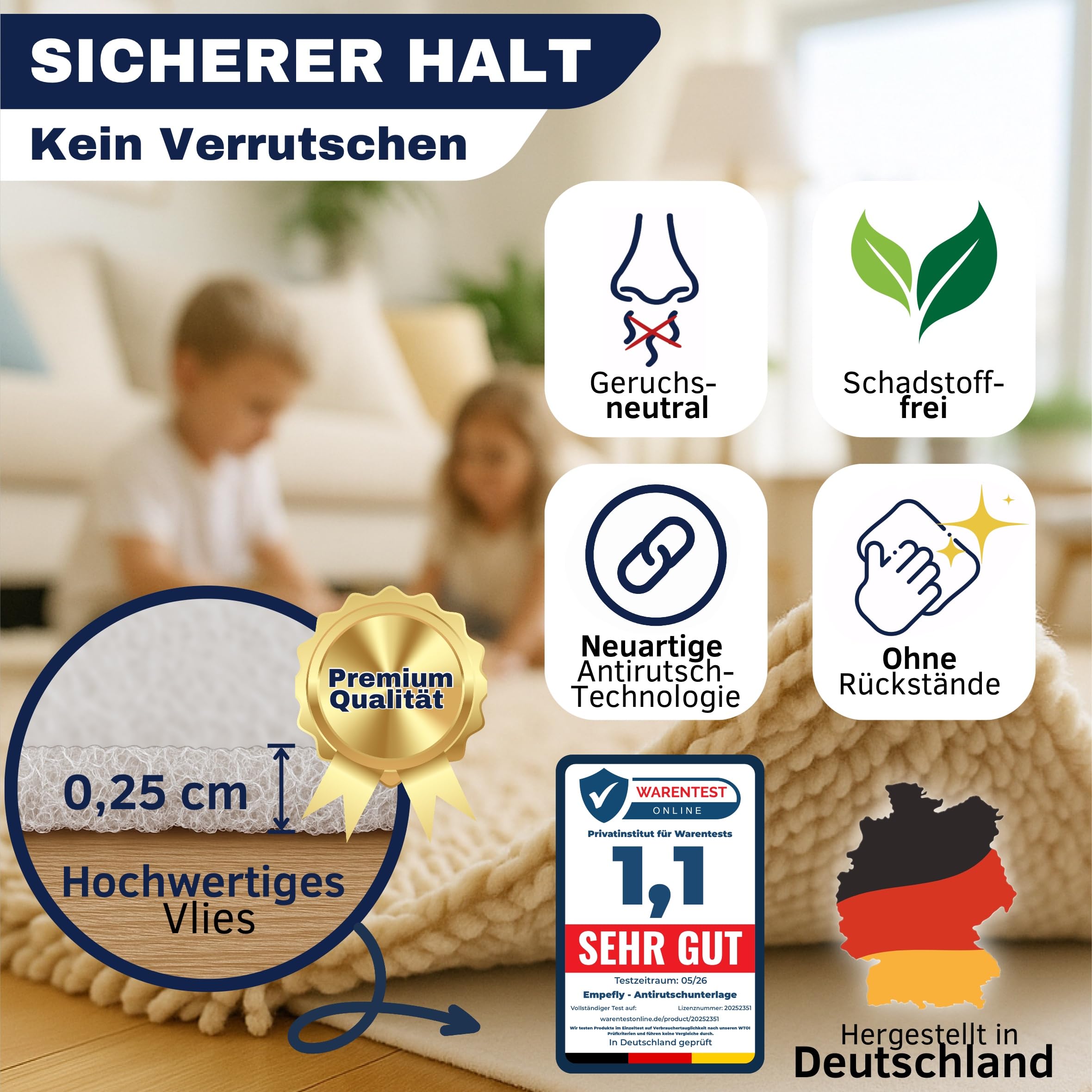 Teppich Antirutschunterlage 80 x 150 cm – Made in Germany – Zuschneidbare Antirutschmatte ohne Weichmacher – rutschfeste Teppichunterlage für alle Böden – Geruchsneutraler Teppichstopper