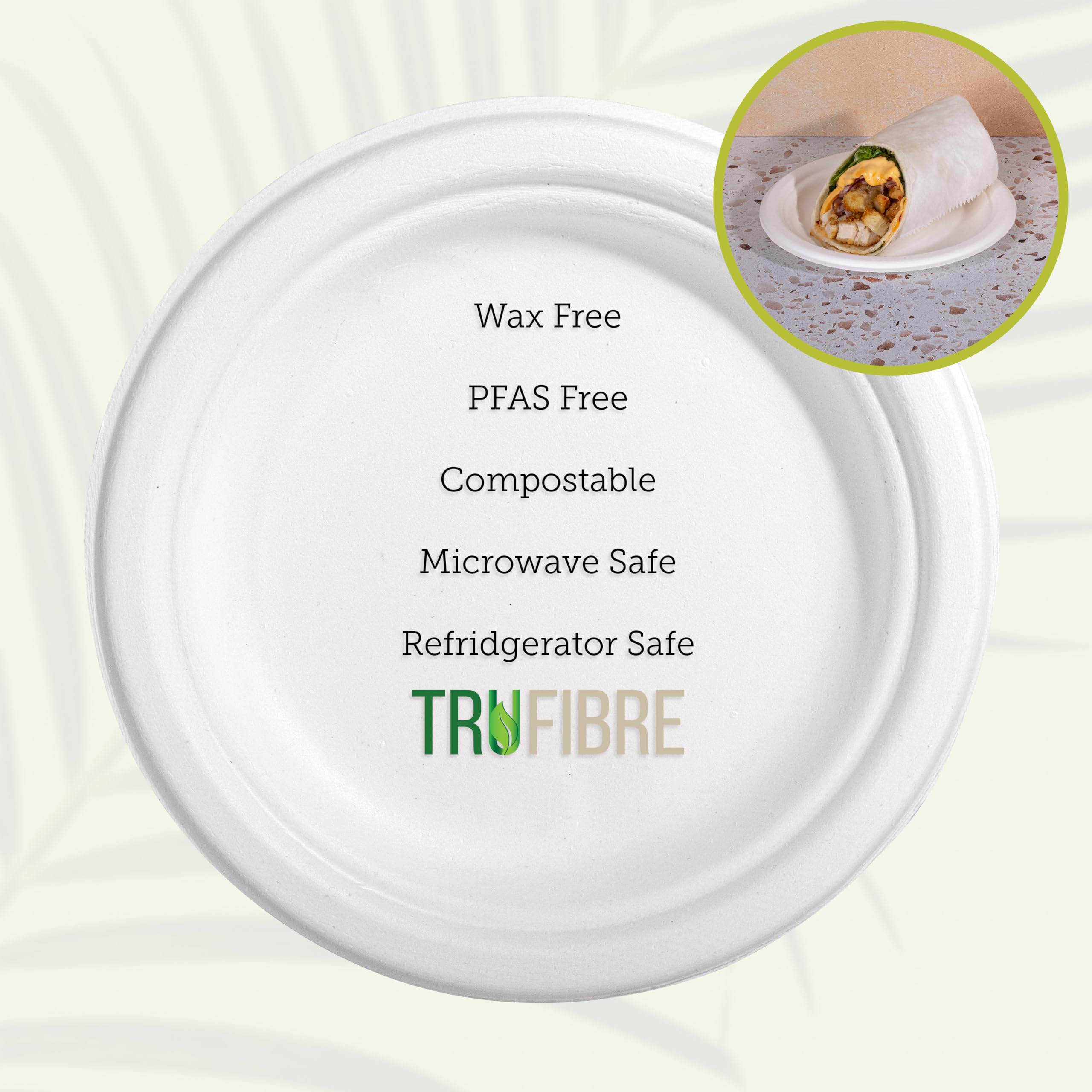 Platos de papel de 7 pulgadas, contenedor de alimentos compostable de bagazo, desechable, apto para microondas para almuerzo, cena, fiesta, suministros, eventos, a granel, paquete de 125