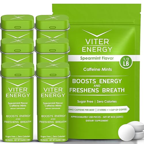 Viter Energy Paquete de 6 bolsas de 1/2 libra con sabor a menta y cafeína, 40 mg de cafeína, vitaminas B, sin azúcar, vegano, potente potenciador de