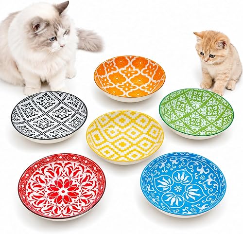 Ceramic Cat Food Bowl Set - Wide Shallow Cat Bowl for Relief Whisker Fatigue - Colorful Cat Feeding Bowls - Flat Cat Dish - Cat Plates - Microwave and Dishwasher Safe - 8.5 oz - 5.75 inch - Set of 6