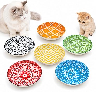 Ceramic Cat Dishes for Food - Colorful Cute Cat Bowl Set of 6 - Wide, Shallow, Whisker Friendly - Microwave and Dishwasher Safe - 5.3 oz - 5.6 inch