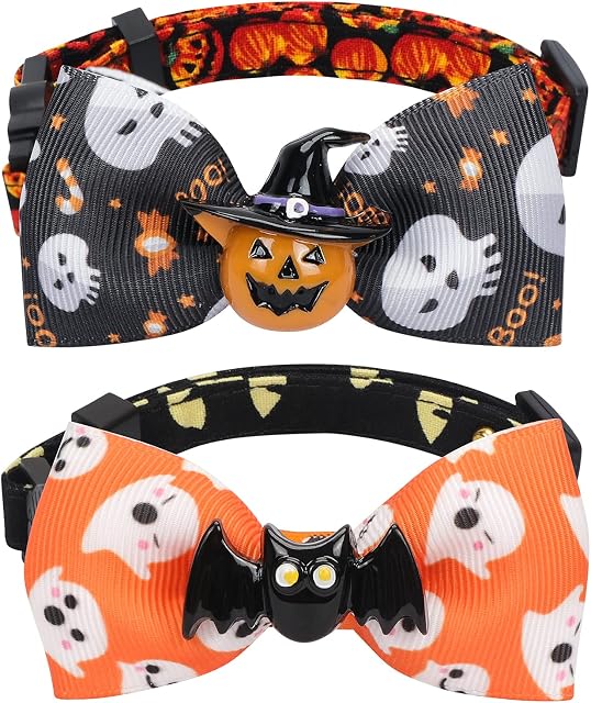 Fyy 2 PCS Halloween Cat Collars, Dog Collar with Bow Tie, Pumpkin and Bat Soft Adjustable Breakaway Pet Collar for Dogs and Cats (Neck: 11.8"-19.3")