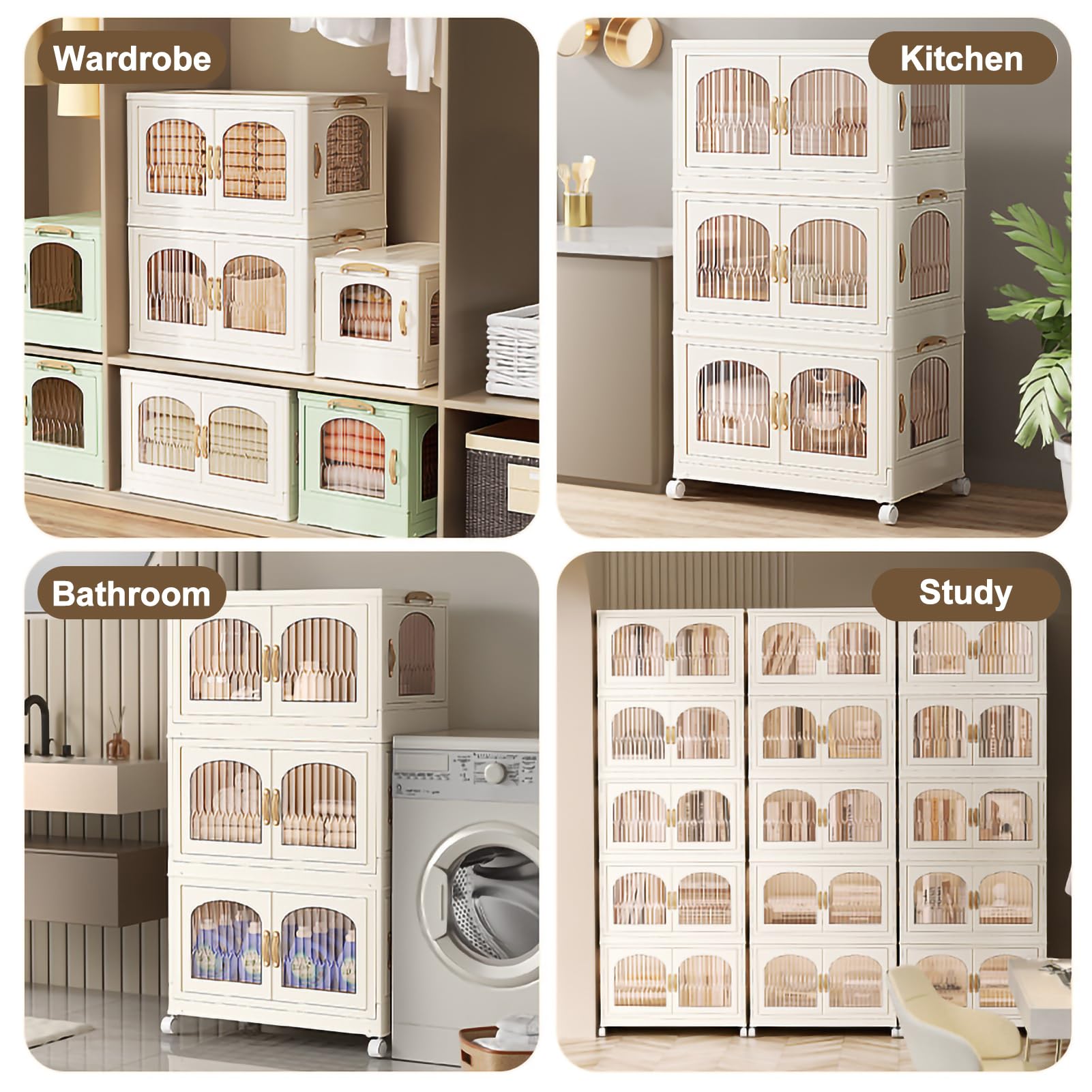 Armario de almacenamiento de plástico de 4 niveles con puertas plegables y ruedas, organizador de contenedores apilable y plegable para cocina, baño y lavadero.