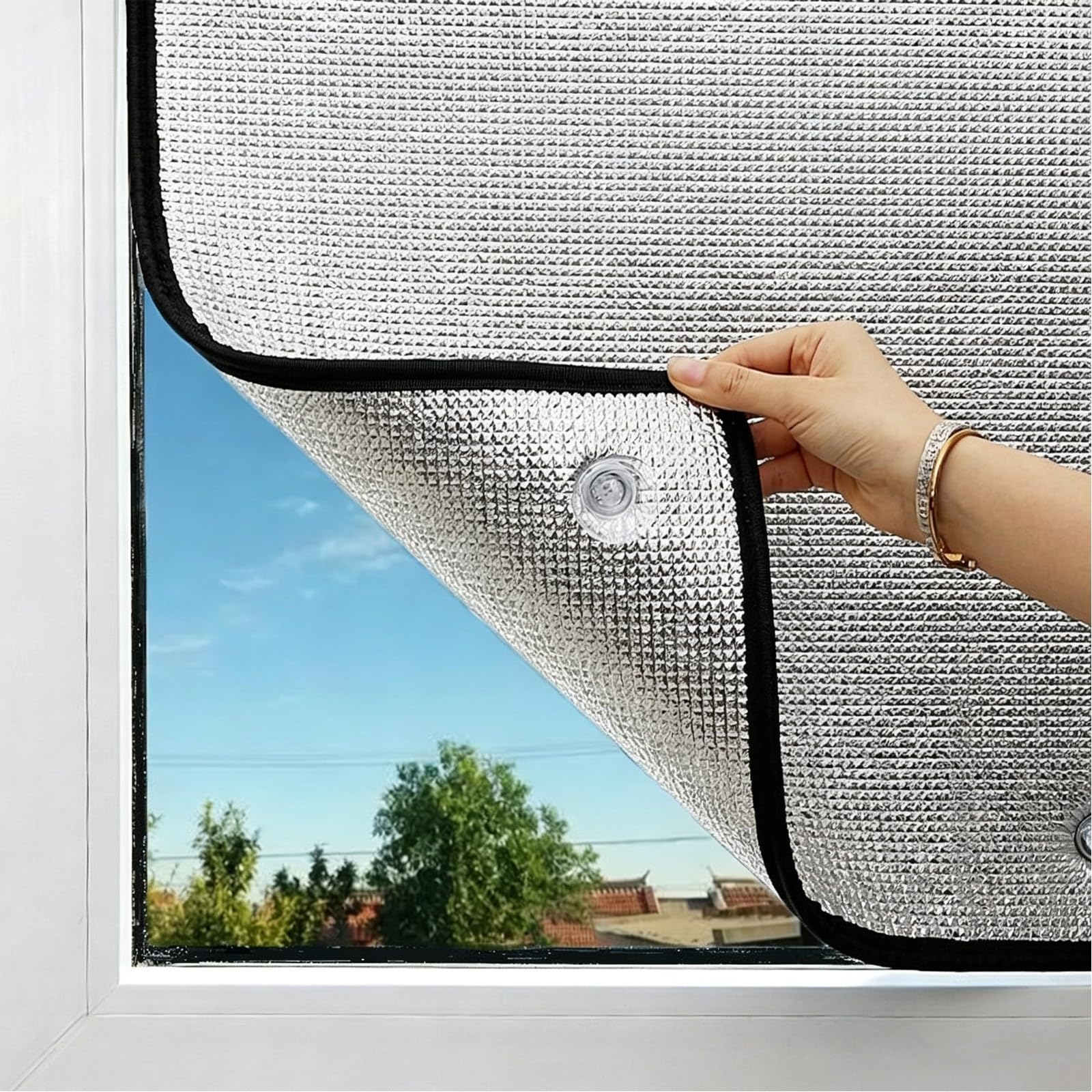Pannello Parasole In Lamina Alluminio, Pellicola Vetri Oscurante Totale | Foglio di alluminio fronte-retro, cucitura overlock, nessun residuo, riutilizzabile(W140xH140cm)