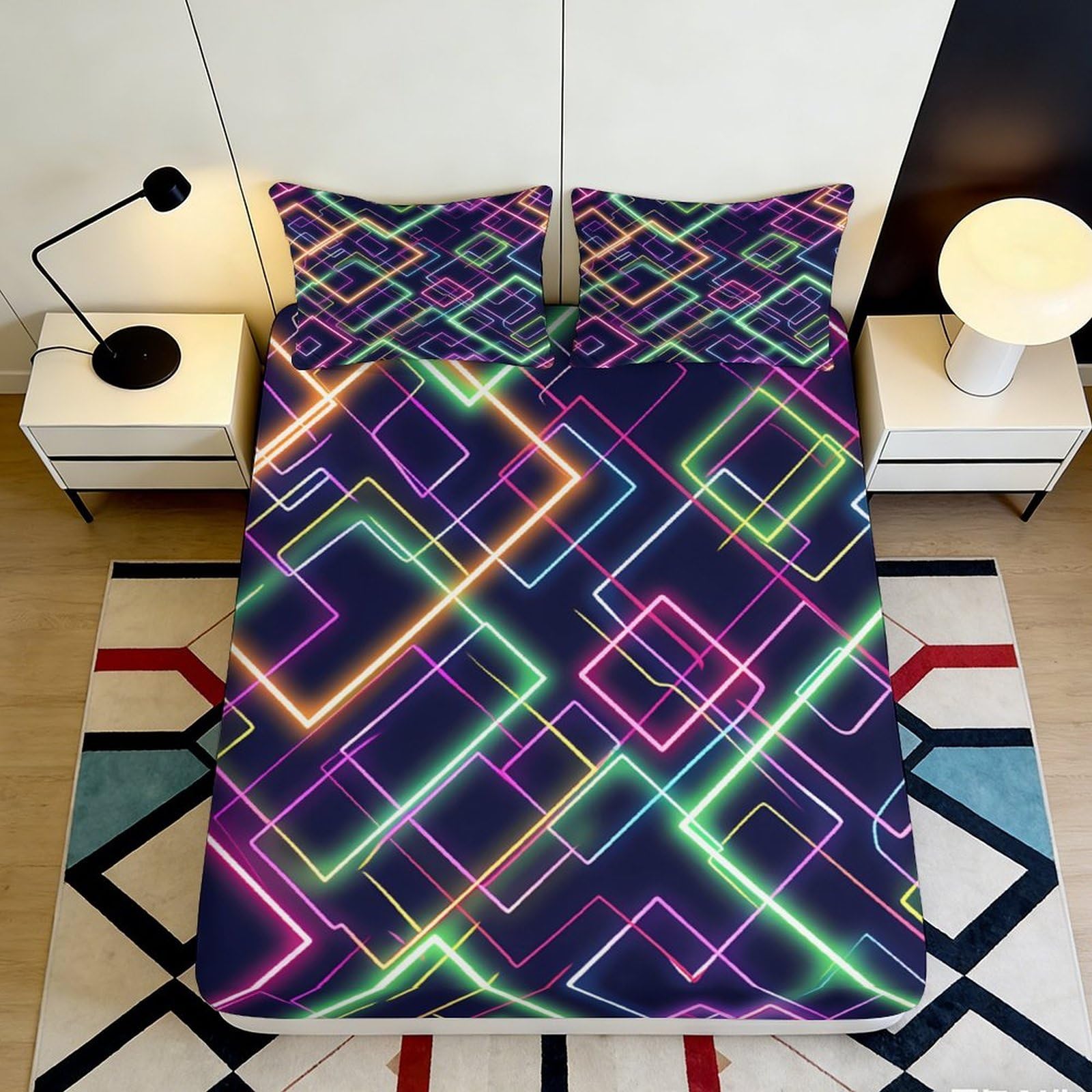 3D Printed Geometric Fitted Sheet Microfiber Non-Slip Deep Pocket Geometric Mattress Fitted Cover Washable Home 160x200x25cm