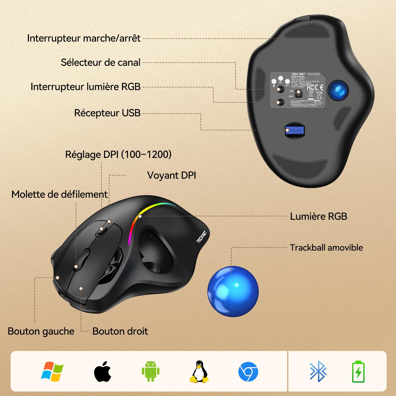 TECKNET Trackball Souris sans Fil, Bluetooth et dongle crypté | Souris Ergonomique sans Fil, 6 Touches, Connexion à 3 appareils, éclairage RGB, Compatible avec PC/Mac, Bleu