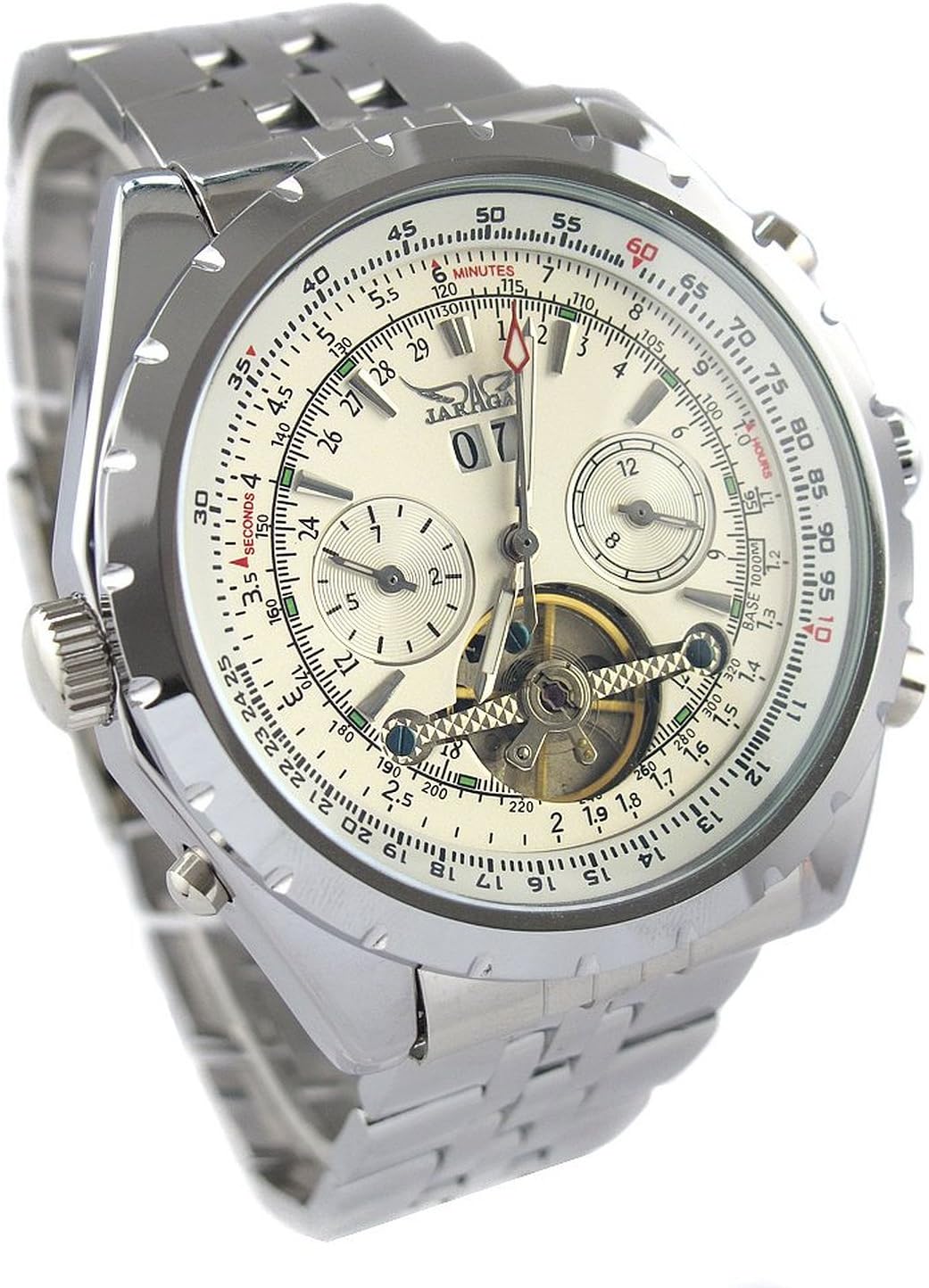 AngxunBeauty Men Gents White Tourbillon Style Date Aviator Automatic Mechanical Watch