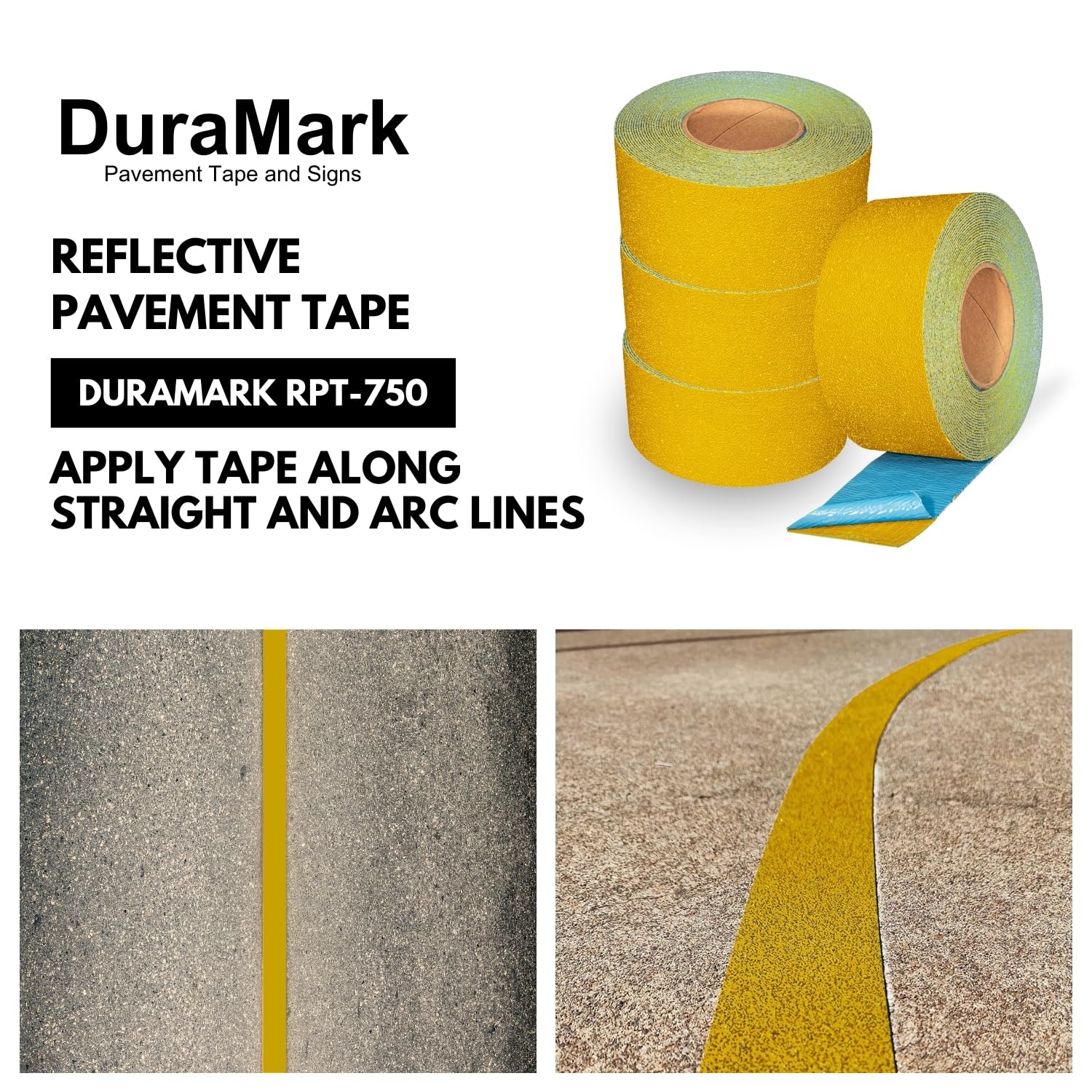DuraMark RPT-750 - Cinta reflectante amarilla para marcar pavimentos – Base de goma resistente al deslizamiento con certificación Bast de alta durabilidad para exteriores (3 pulgadas x 18 pies)