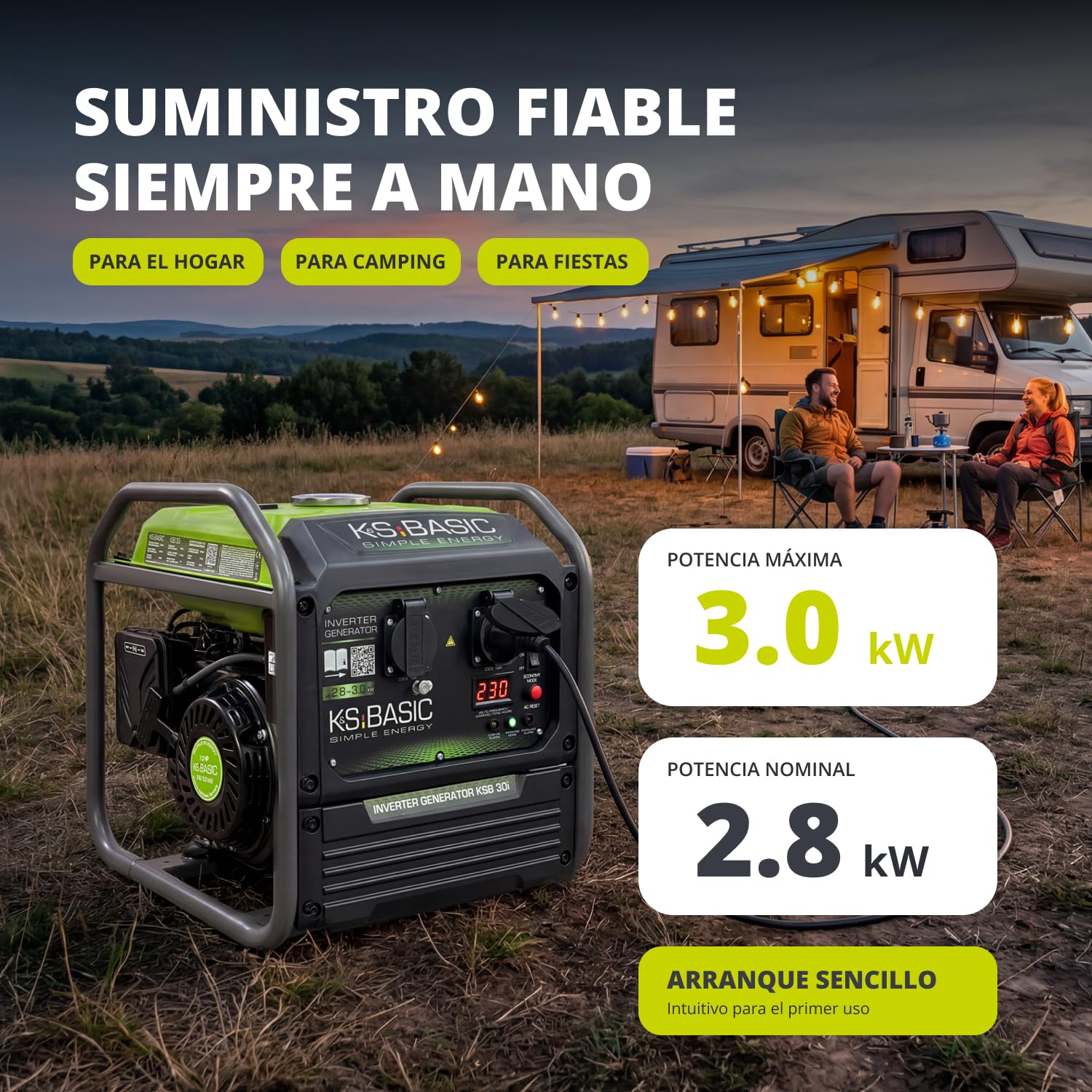 K&S BASIC 30i Generador inversor 2800 W, 3000 W máximo, grupo electrógeno compacto de gasolina, onda sinusoidal pura, generador con modo Eco, para el hogar, camping y trabajos de taller, EURO 5.