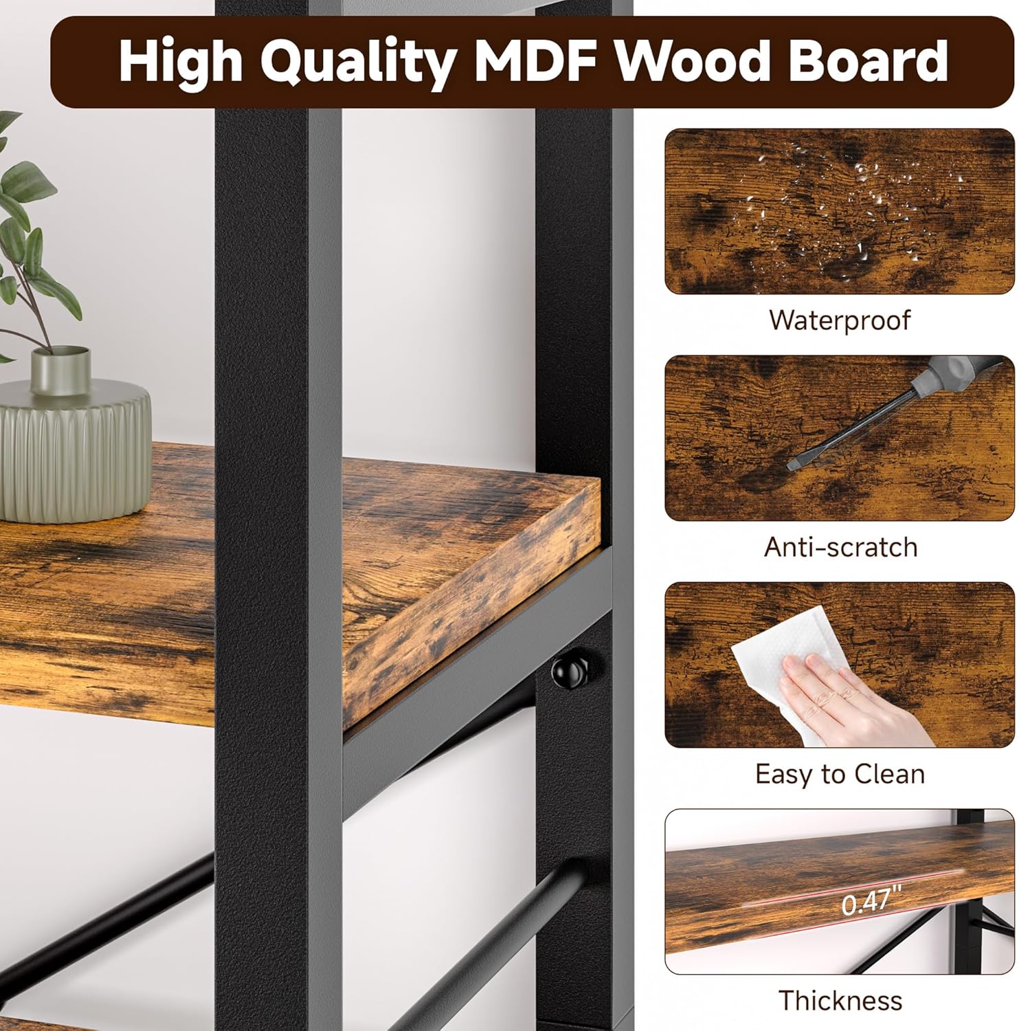 7-Tier Corner Bookshelf, Reversible Wooden Shelves, Industrial Bookcase with Open Shelves and Sturdy Metal Frame, Display Shelf Storage Rack for Living Room, Bedroom, Home Office (Rustic Brown)