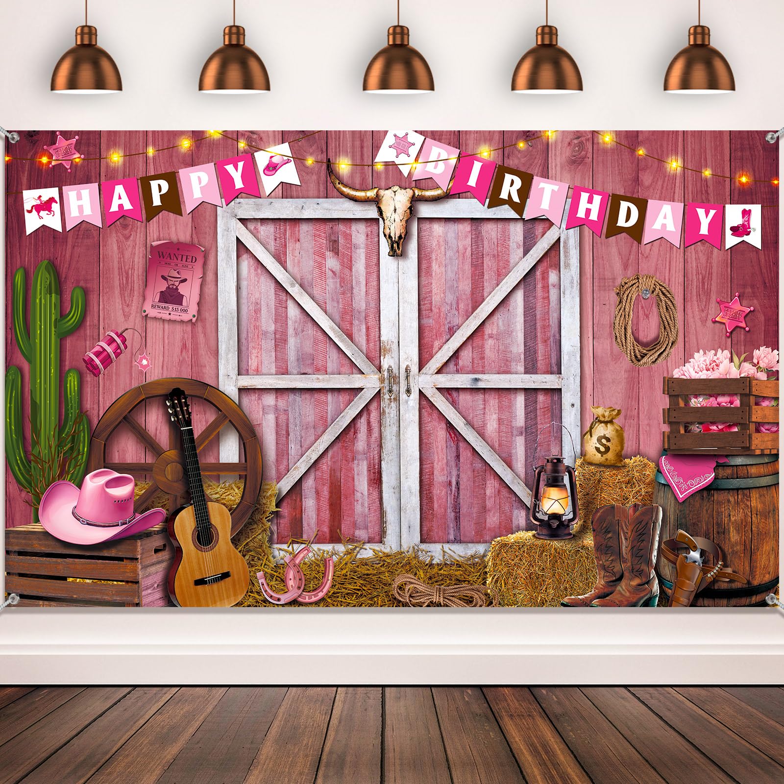 Breling Western Cowgirl Birthday Banner Cowboy Backdrop Photography Booth Prop Pink Cowgirl Party Background for Girls Cowboy Birthday Baby Shower