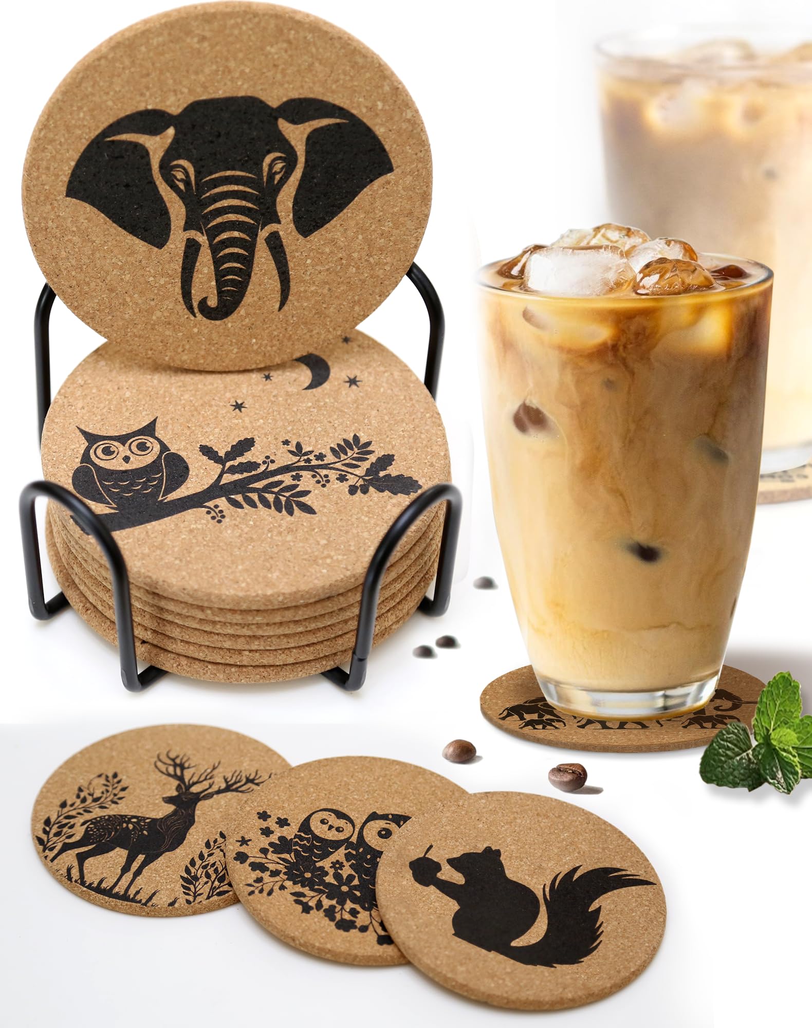 Etnirothbw Cork Coasters Set with Holder, 8 Round Cork Drink Coasters 10cm for Glasses, Non-Slip Heat Resistant Table Mats, Absorbent Coasters for Home Kitchen Bar, Housewarming Gift