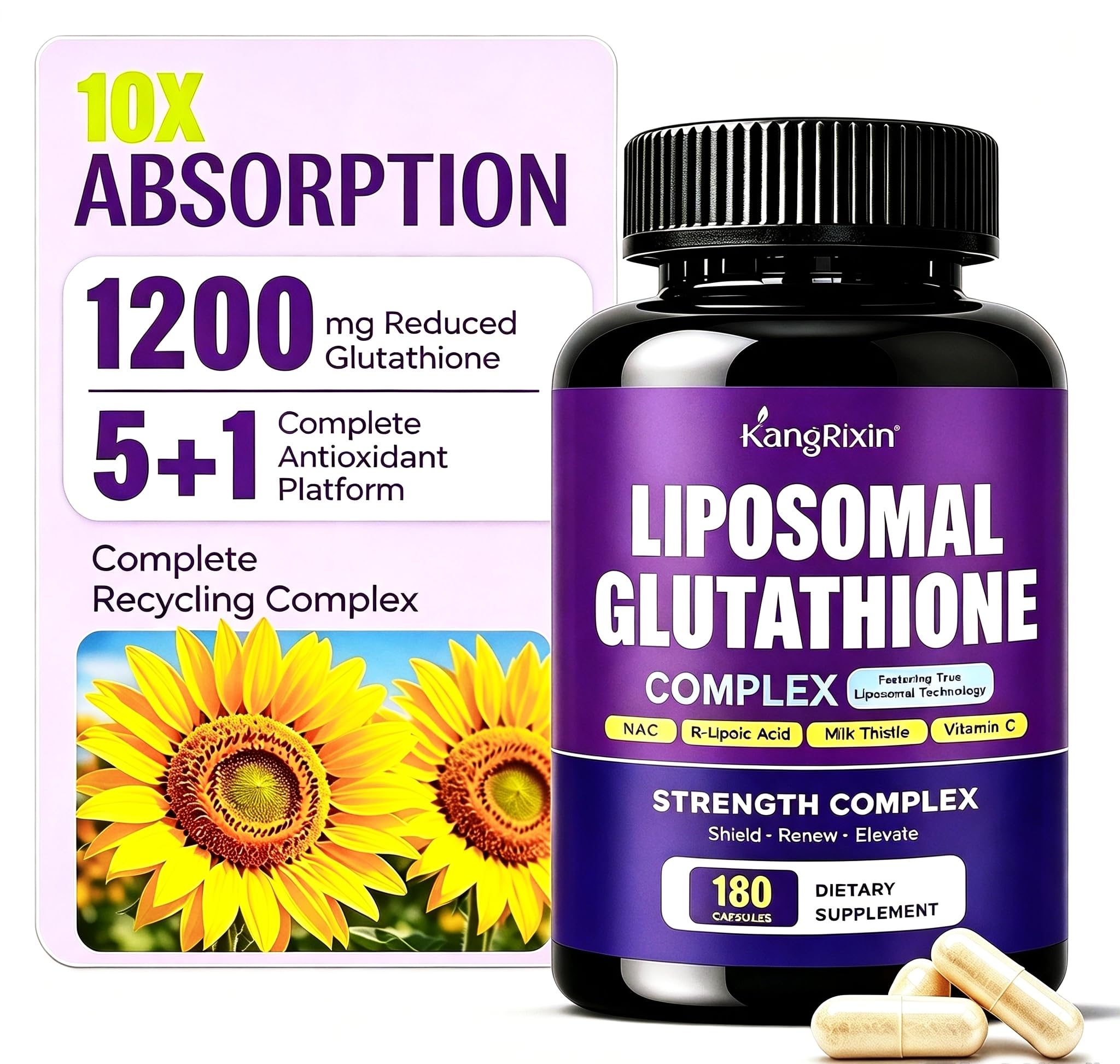 Liposomal Glutathione Supplement 1200mg Plus - with NAC, Milk Thistle, R-Lipoic Acid & Vitamin C, Built-in Regeneration System for Liver, Skin & Cellular Health, Non-GMO, 180 Capsules