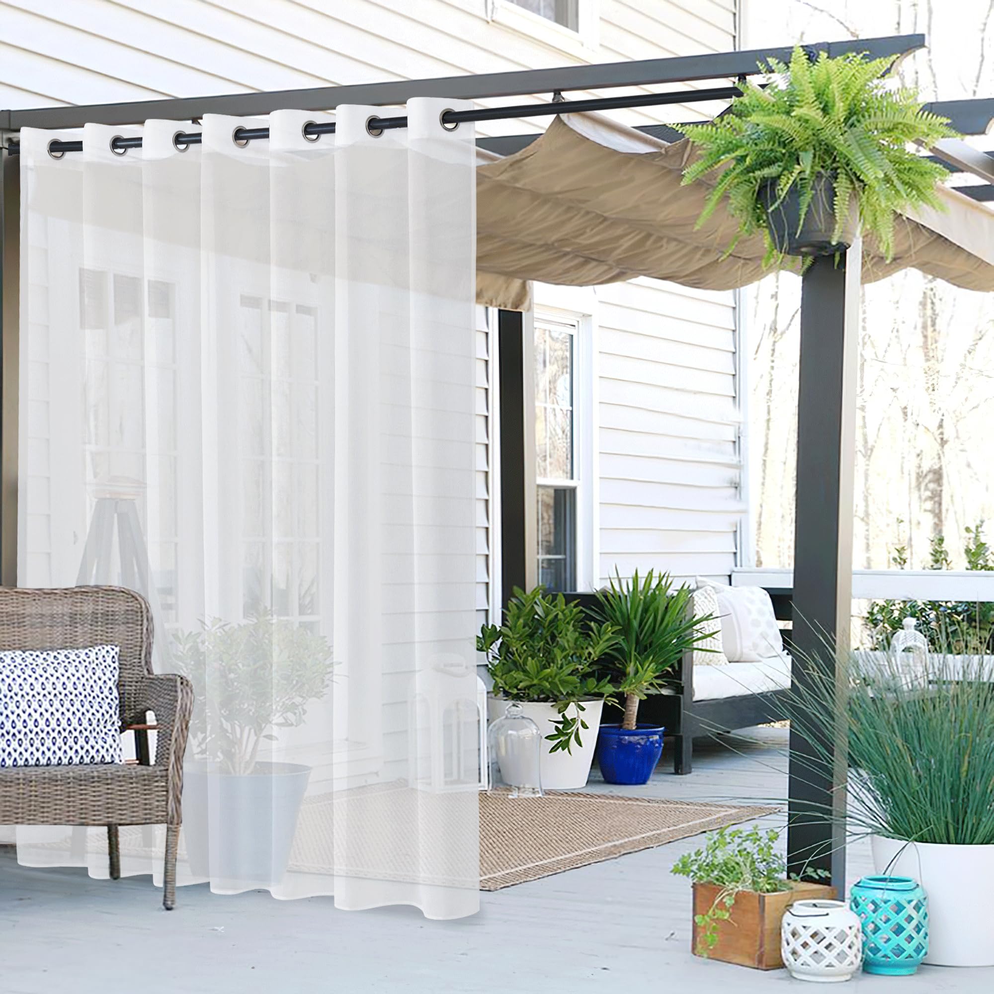 PONY DANCE Voilage Blanc - Rideaux d'Extérieur Voilage avec Oeillets Lumière Filtrer pour Interieurs ou Exterieurs Decoration Jardin Patio Maison, L 254 sur H 243 cm, 1 Pièce