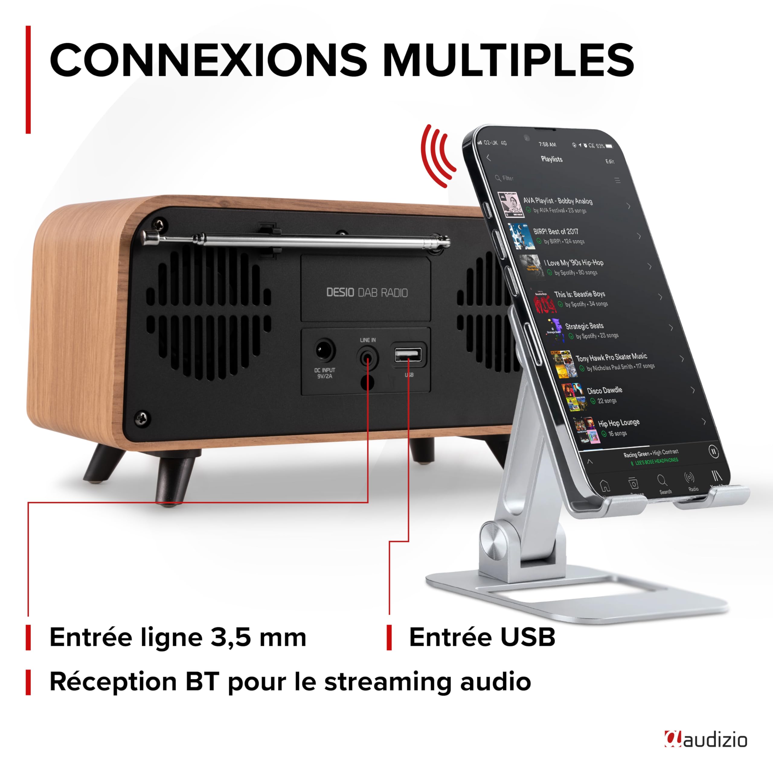 Audizio Desio Radio Dab/Dab+/FM avec BT 5.0, Écran Couleur 2,4", Port USB et Entrée AUX 3,5 mm, Design Rétro Couleur Chêne, Alarme et Minuterie, Idéale pour Salon, Cuisine ou Chambre