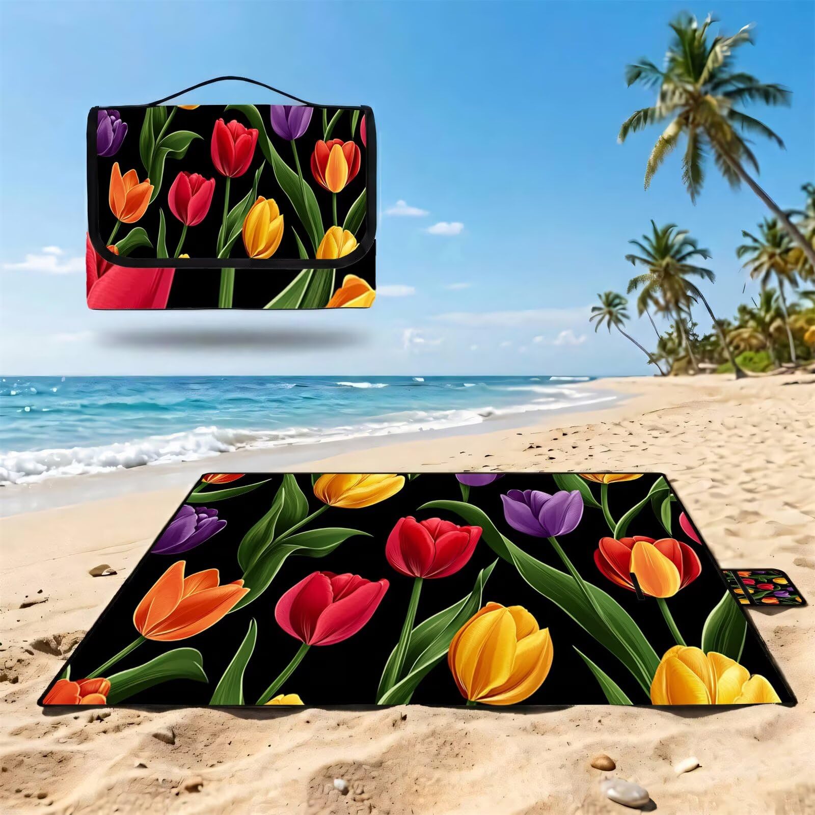 Couverture de Pique-Nique Grande 200x300cm,Outdoor Couverture Imperméable,Pliable Tapis de Plage Dos en PVC Anti-Sable,Picnic Blanket pour Camping Accessoires,Jardin,Parc,Famille - Tulipe jaune UZ-753