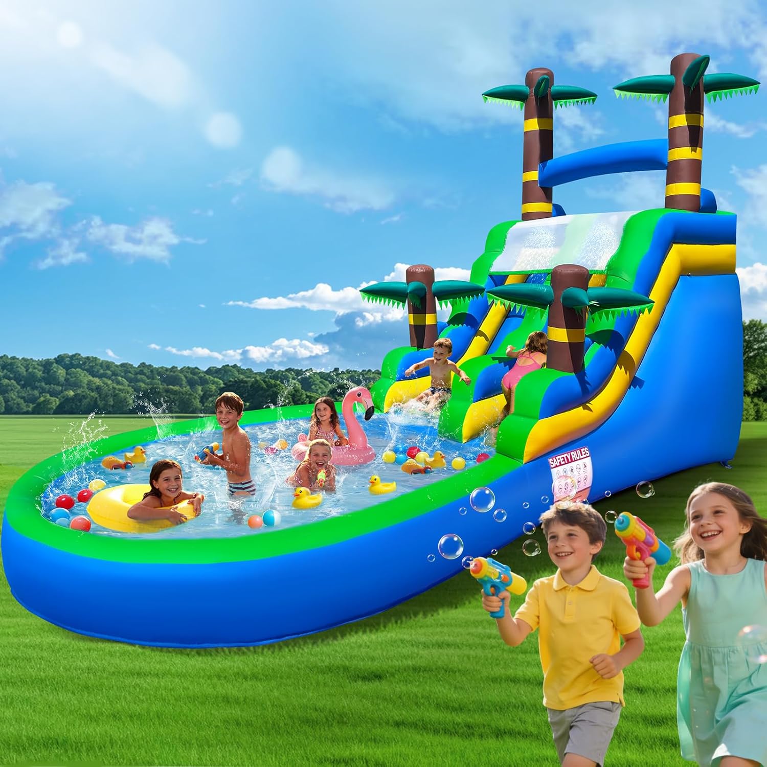 26FT Inflatable Water Slide Heavy Duty with Splash Pool, 1100W Blower & 10M Water Hose, Commercial PVC Wet/Dry Slide for Kids & Adults, Backyard Summer Outdoor Water Play(Blue Coconut Tree, 26FT)