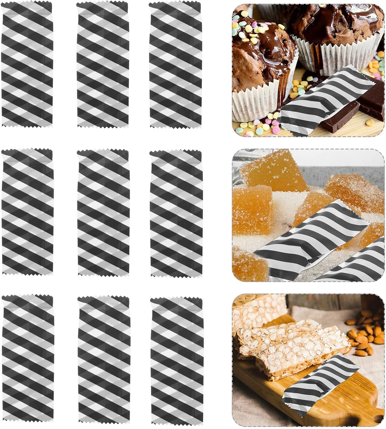 MAGICLULU 200pcs Plastic Candy Wrappers Chocolate Caramel Packaging Bags for Candy Making Baking Accessories Food-grade Wrapping Bags in Black and White Stripes