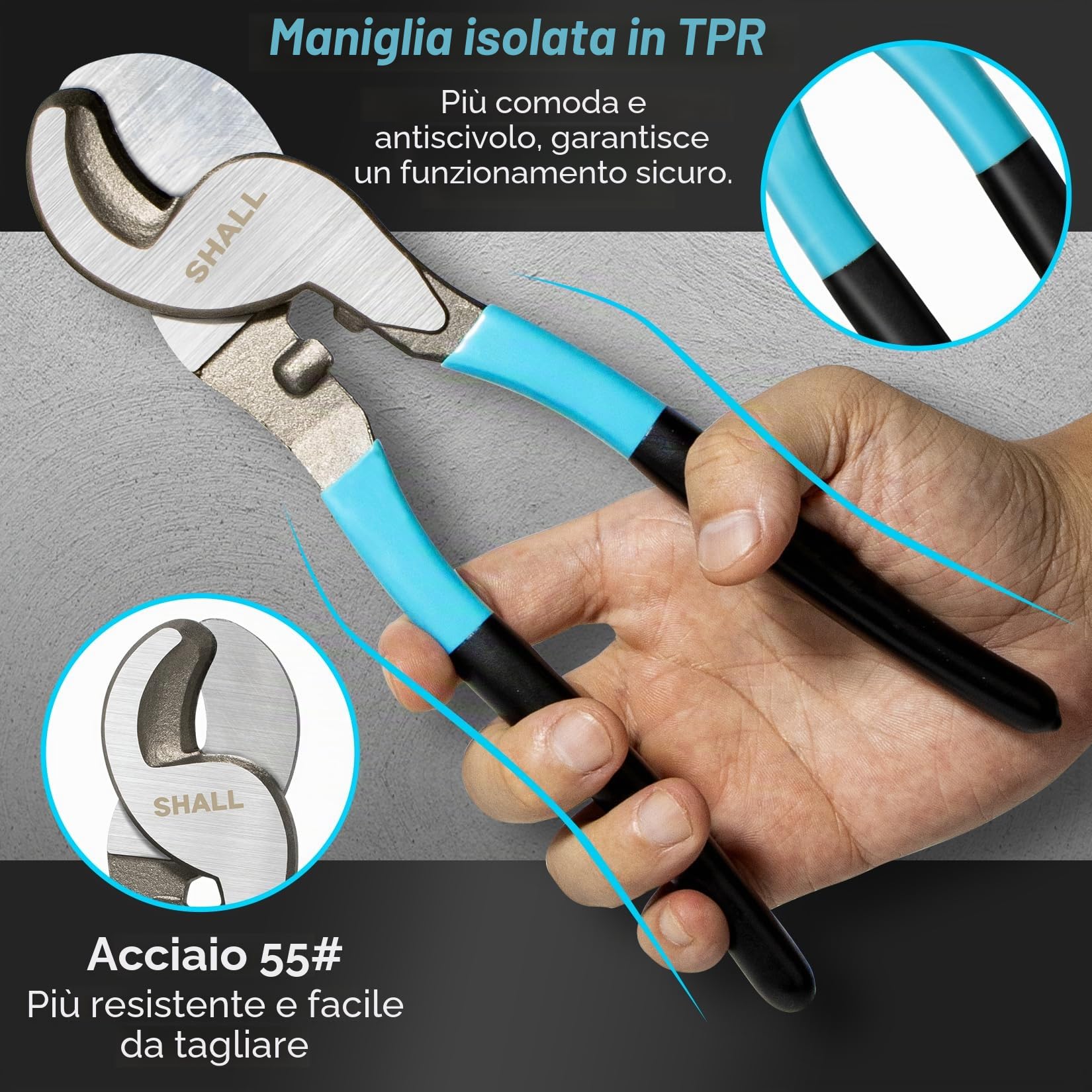 SHALL Tronchesi per cavi, 9,44 pollici/240 mm, utensili per il taglio di cavi ad alta durezza con impugnatura antiscivolo, ideali per il taglio e la spellatura puliti di cavi in ​​rame