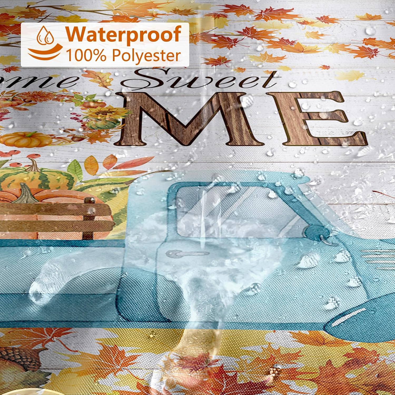 MEHOFOND Fall Pumpkin Shower Curtain,Autumn Thanksgiving Shower Curtain,Maple Leaf Truck Rustic Wood Home Sweet Home Bathroom Decor,Happy Thanksgiving Holiday Curtains Set with Hooks,72x72 in