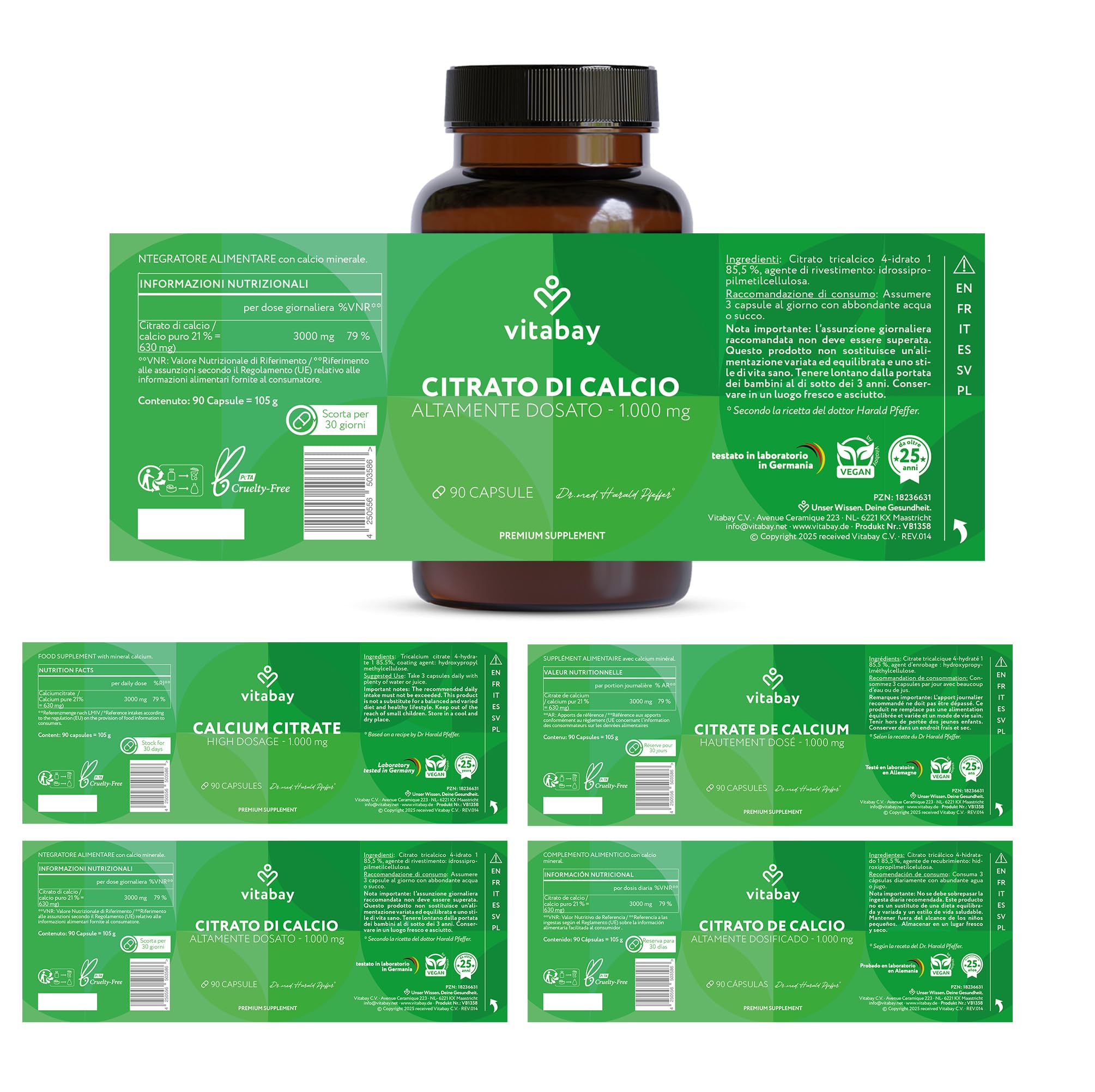 Vitabay Calcio 1000 mg - 90 capsule vegane con citrato di calcio - calcio per metabolismo energetico, ossa e denti - testato in laboratorio in Germania - senza additivi - 1 mese
