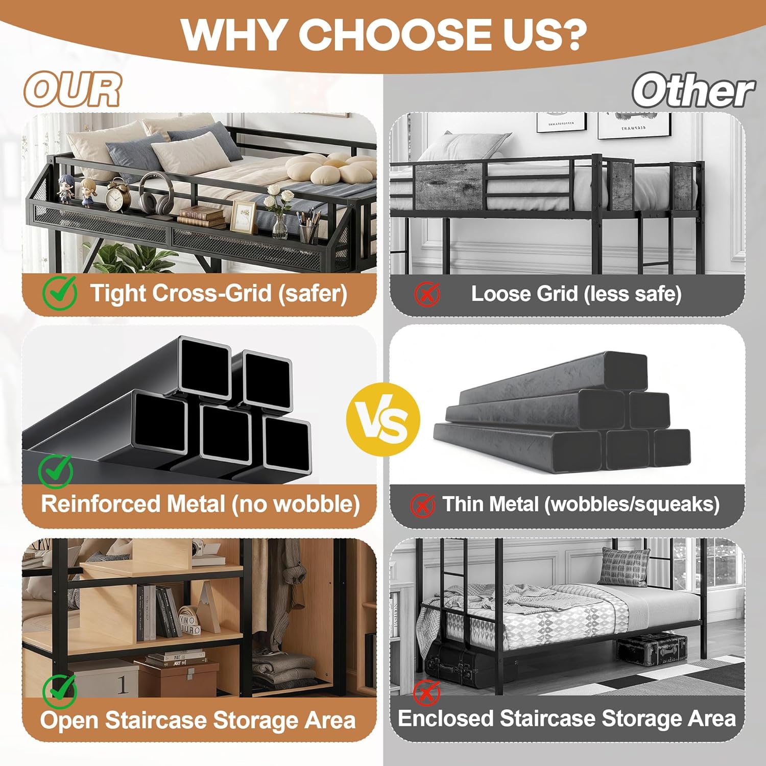 Loft Bed Full Size, Metal Loft Bed Frame with Stairs, Storage Shelves, Wardrobe, Heavy-Duty Noise-Free, Black