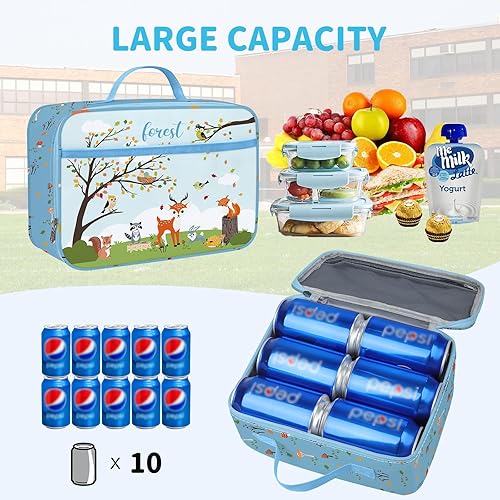 Miniatura 3 de Clastye - Lonchera térmica de zorro para niños, bosque azul, árbol de animales, bolsa de almuerzo para niños y niñas, bolsa de almuerzo portátil