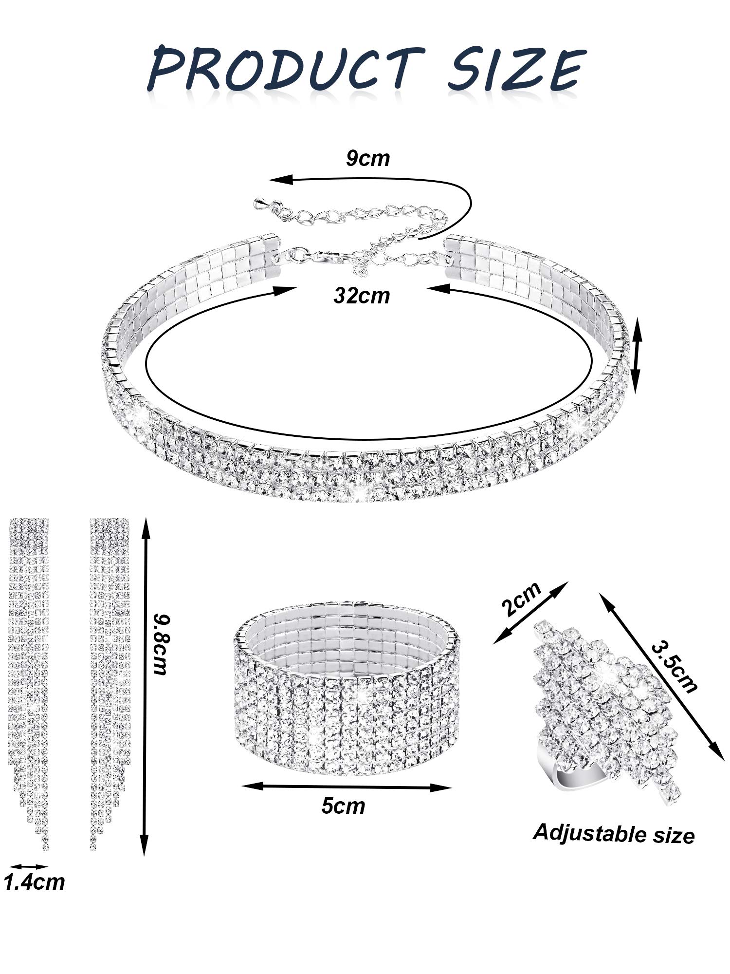 Hicarer 3 Pieces Women Rhinestone Jewelry Set Rhinestone Choker Bracelet Bangle Crystal Necklace Ring Earrings for Wedding