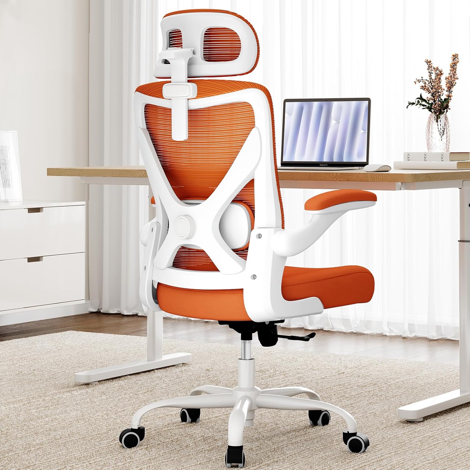 Ergonomic Office Chair - X-Shaped Computer Desk Chair Comfy, Gaming Chair, Office Chair with Lumbar Support, Mesh Office Chairs with Headrests, Desk Chair for Long Hours(White-Orange) White Orange