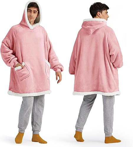 Bedsure Manta de gran tamaño con capucha  Manta Sherpa con capucha para adultos como regalo rosa para hombres, mamá, mujer, novia, sudadera grande