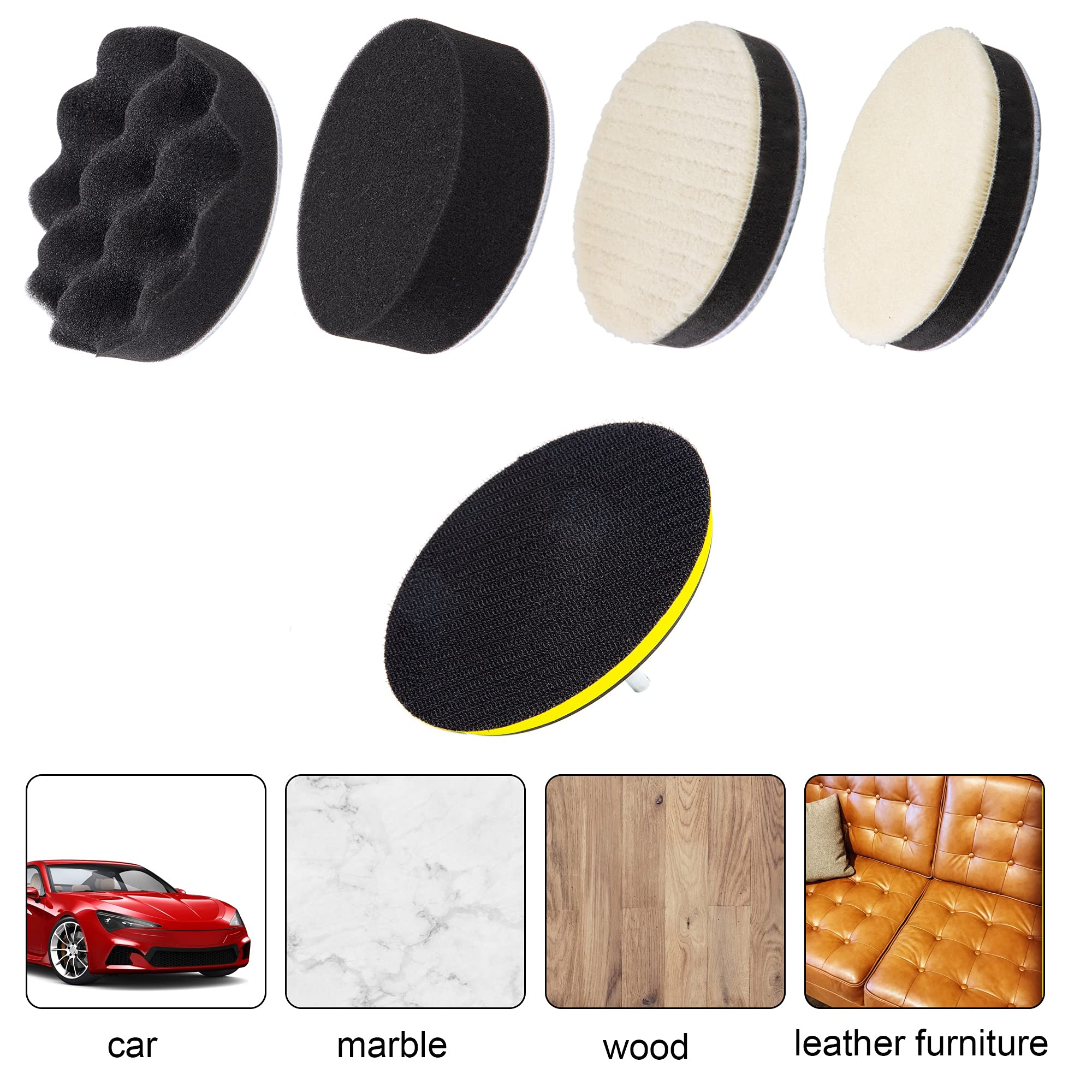 Kit Polissage Voiture Pro 5 Pouces - 2 Tampons Laine + 2 Éponges Gaufrées + Adaptateur M14 Perceuse - Pour Cirage, Lustrage Et Finition Parfaite !