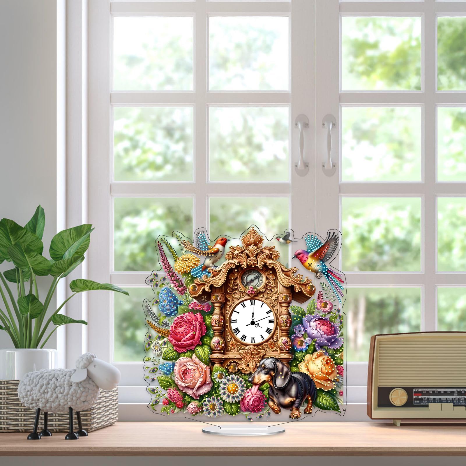 BAYUNOE DIY Diamond Art Clocks and Watches PET Diamond Art Paintings Vintage Table Clocks Retro Style Flowers Birds Tabletop Clock Ornaments Home Decoration-Flowers Birds02