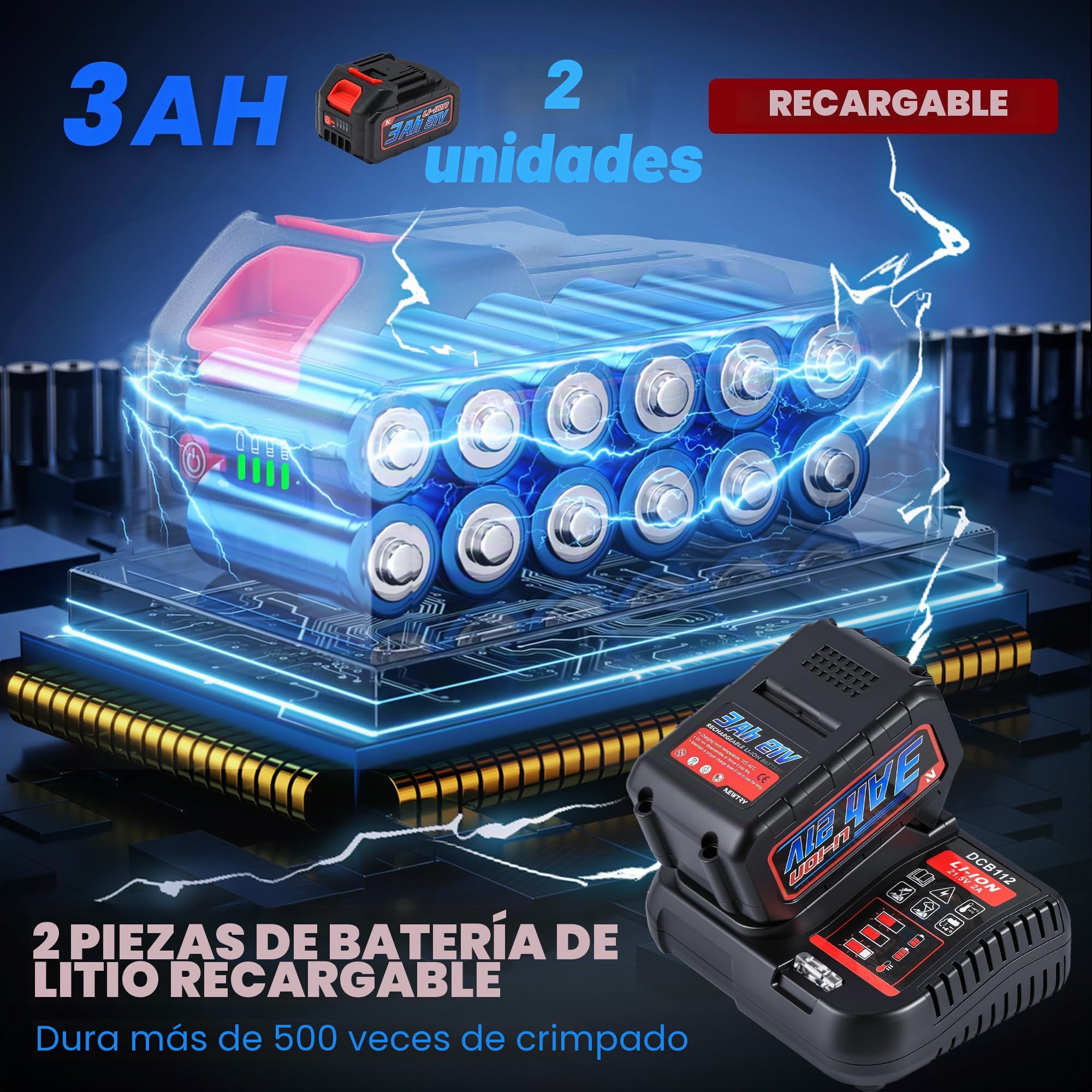 NEWTRY 10-300 mm² Batería Terminales de cable Crimpadora Eléctrica Hidráulica crimpadoro Herramienta 20 V 5 Ah Alicates de Prensa con 12 pares de Insertos de Prensa