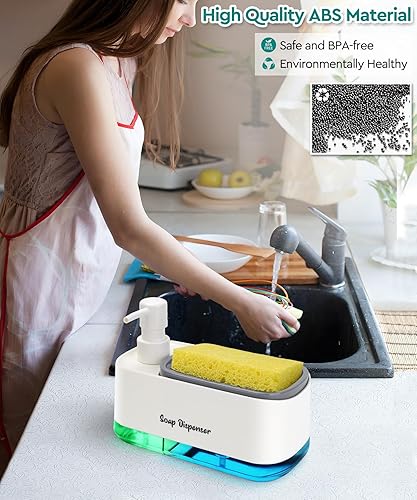 Miniatura 9 de Juego de dispensador de jabón para platos de cocina, dispensador de jabón para platos y manos con soporte para esponja, esponja de encimera 3 en 1,