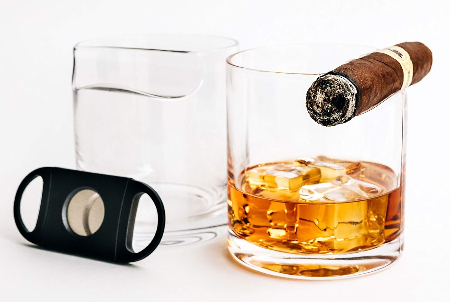 Set of 2 Whiskey Glasses with Top Mounted Cigar Rest; Includes Cigar Cutter and eBook