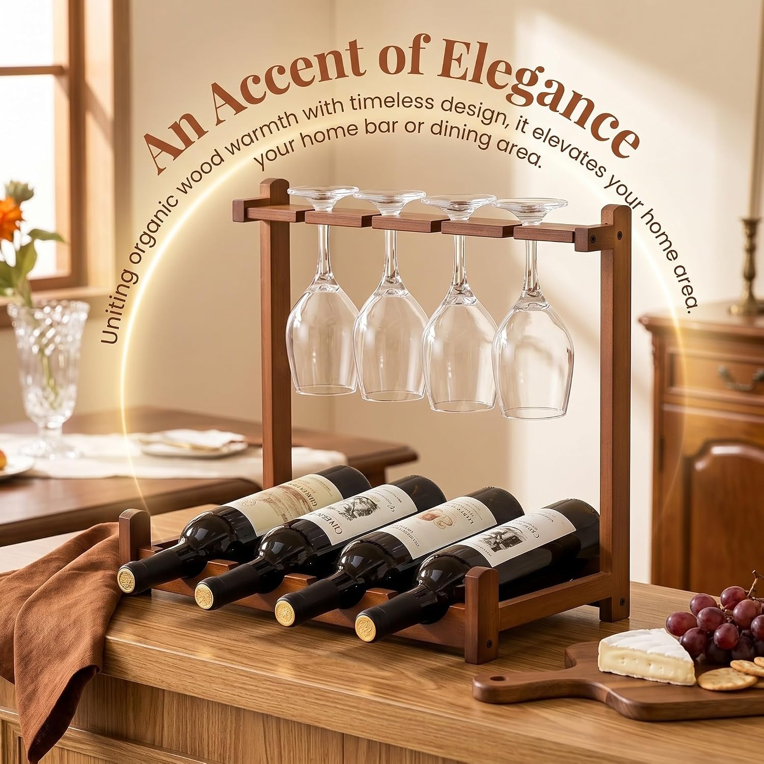 3-in-1 Countertop Wine Rack with Glass Holder Store 4 Bottles 4 Stemware Glasses and Wine Tools Durable Wooden Wine Bottle Holder Elegant Home Decor for Kitchen Dining and Living Room