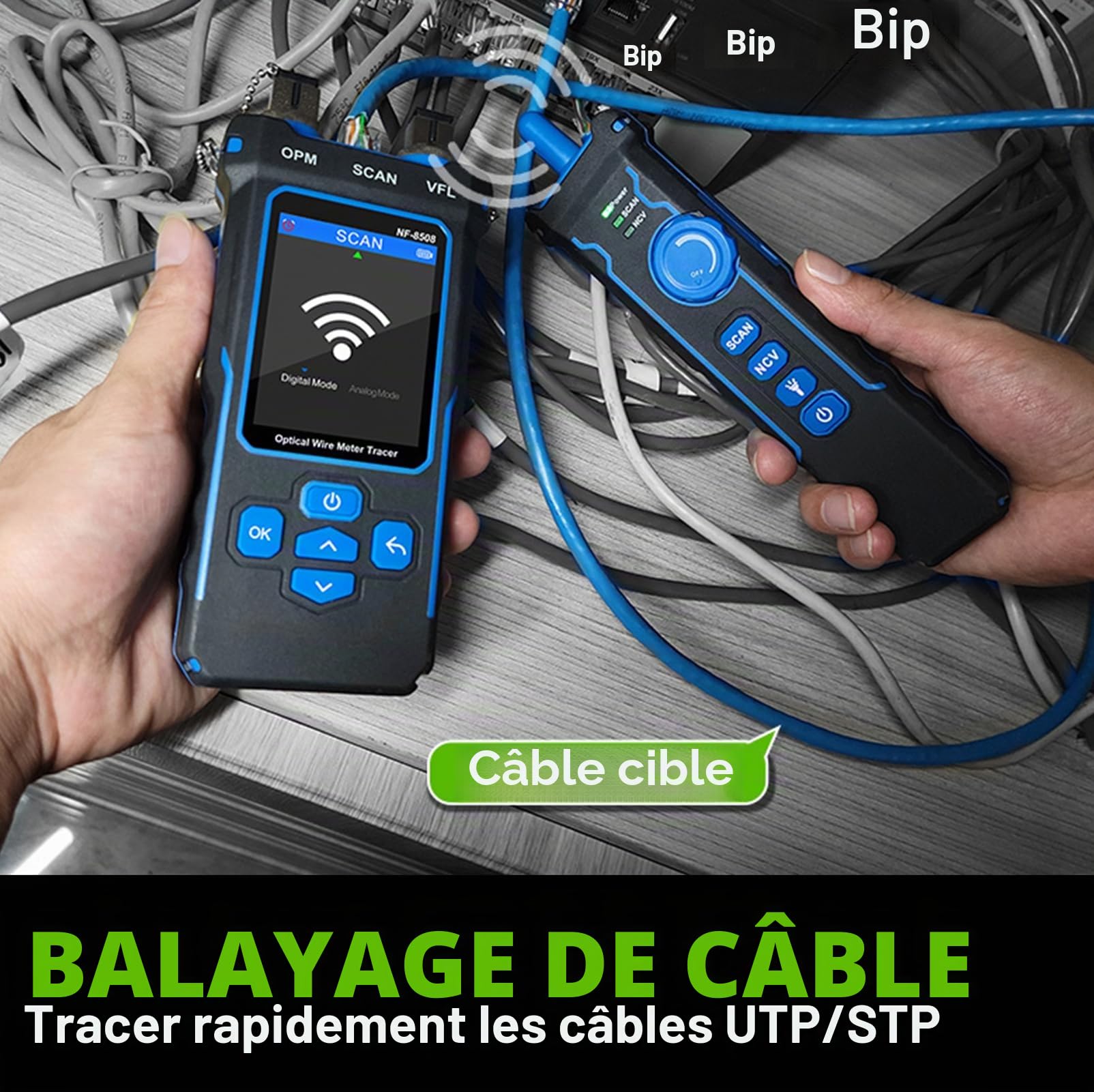 Testeur Lan Testeur de câble réseau avec mesureur de puissance optique CAT5 CAT6 Testeur RJ11 RJ45 Ethernet tester suivi de câble avec NCV, Port Flash, support de chargement type-C.