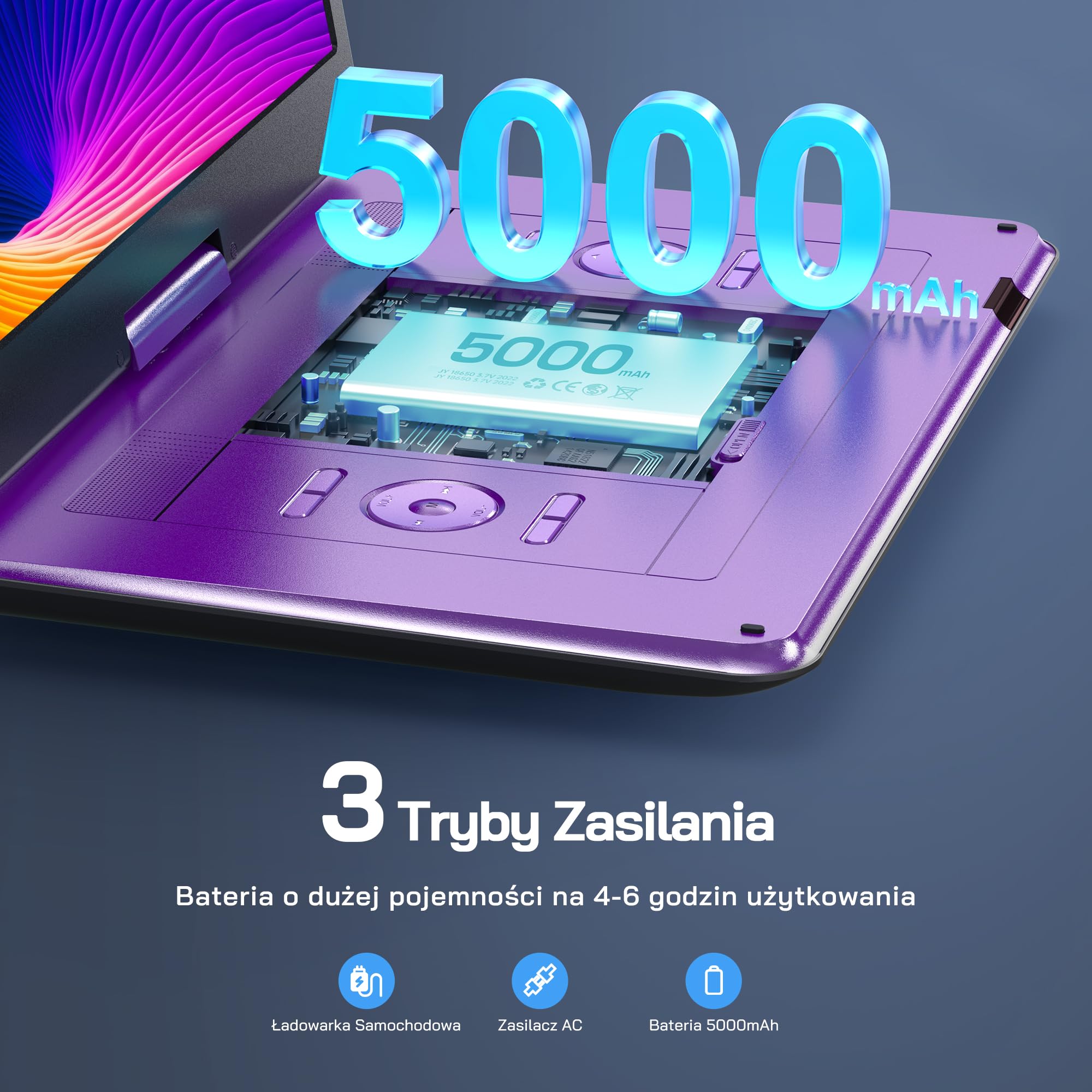 WOLFANG Przenośny odtwarzacz DVD 17,5" z dużym wyświetlaczem HD 15,6", akumulator 5000 mAh, bez ograniczeń regionalnych, dwa głośniki stereo, obsługuje USB/kartę SD/Sync TV, projektor, fioletowy