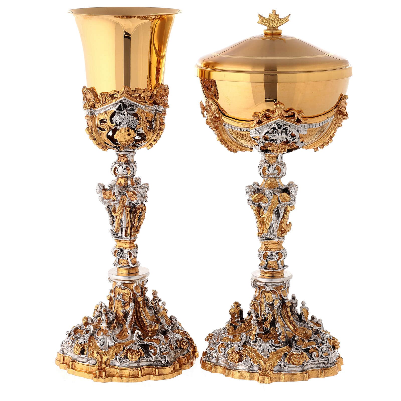 Holyart Calici Pissidi Patene metallo: Calice argento e Pisside dorata argentata natività, Calice