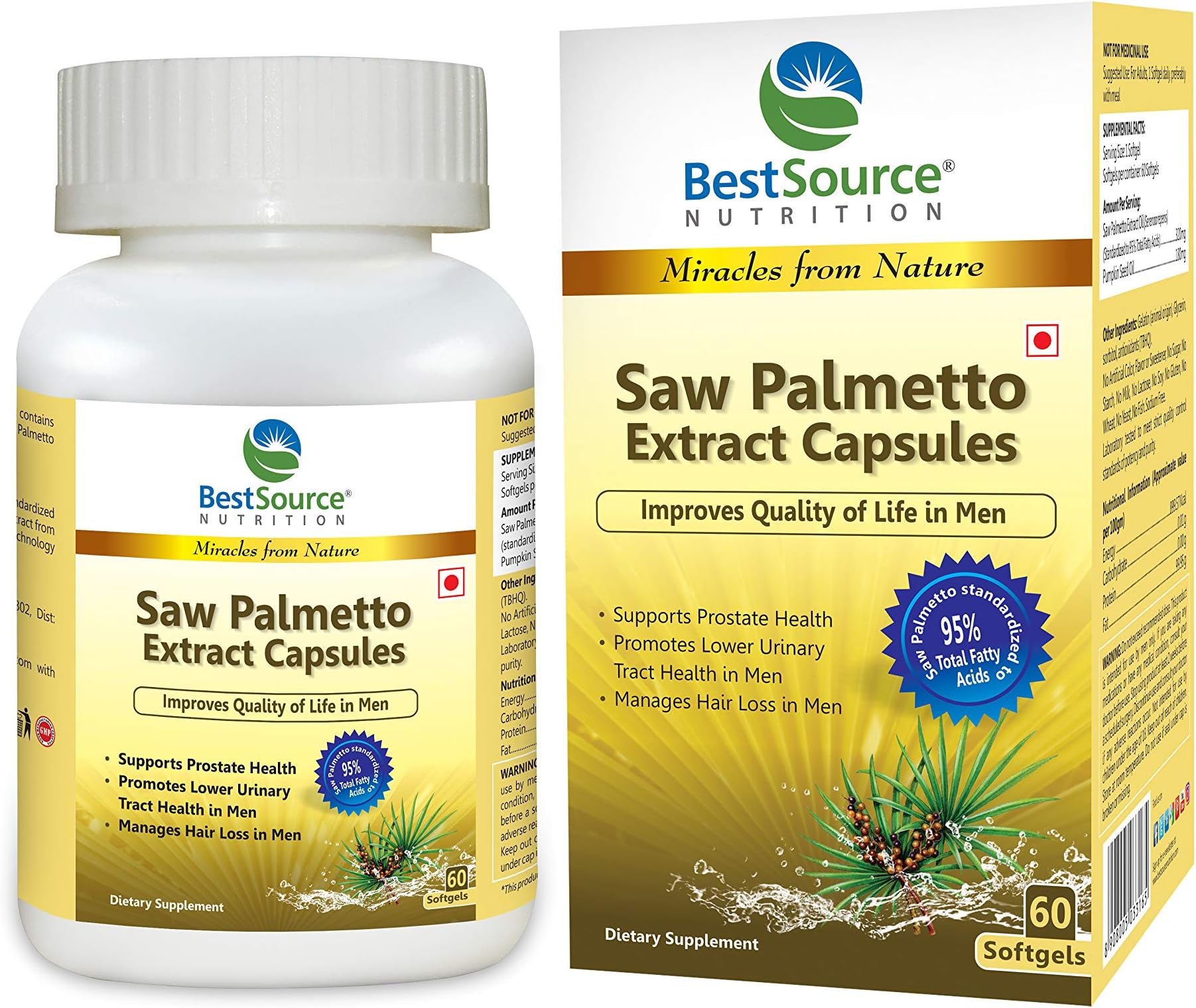 BestSource Nutrition's Saw Palmetto Extract Oil Caps, (320mg) 60 Softgels - Improves Quality of life for Men