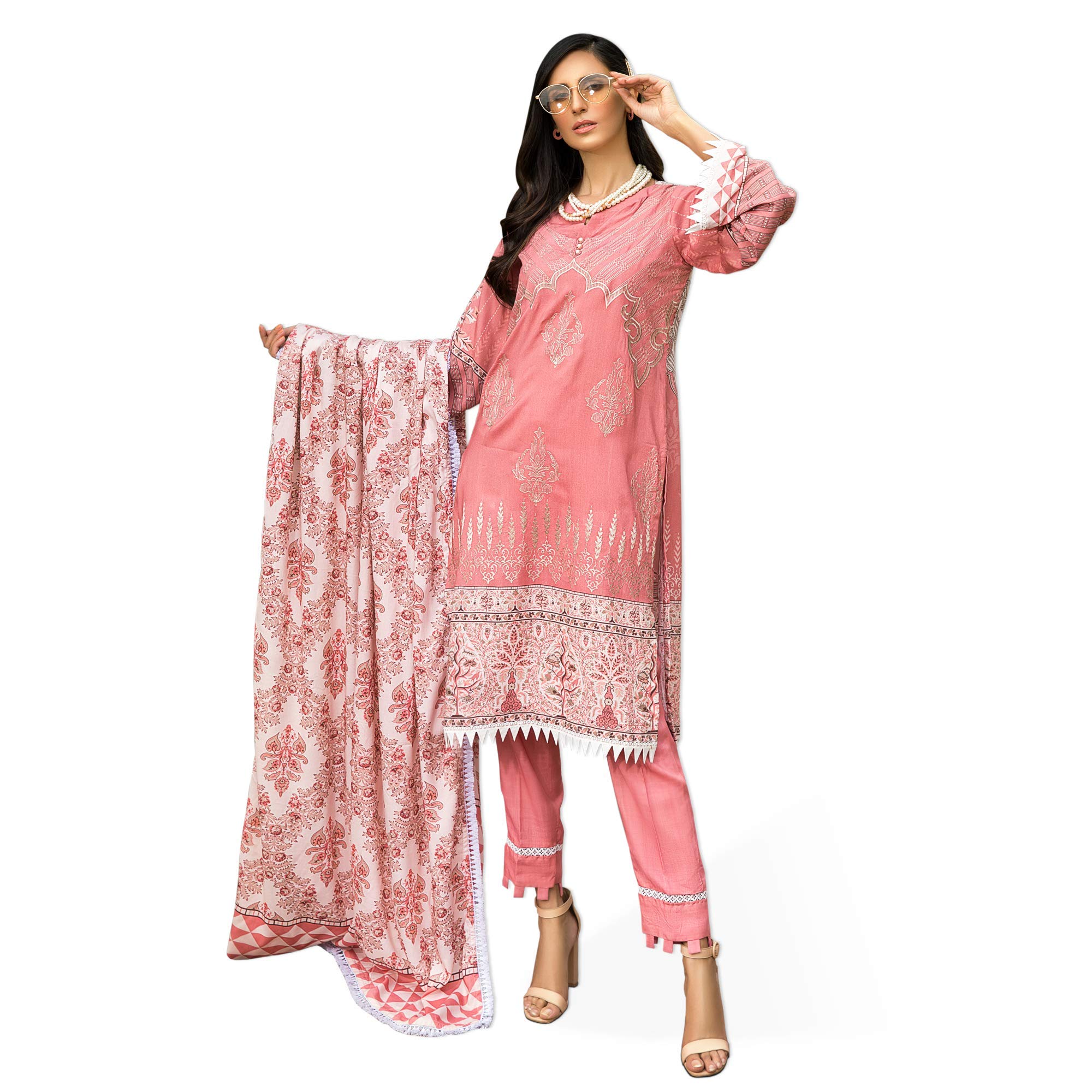 KhasStores Female Embroidered Floral Long Sleeve Kameez with Stylist Laced pancha Plain Trouser and Linen Dupatta.