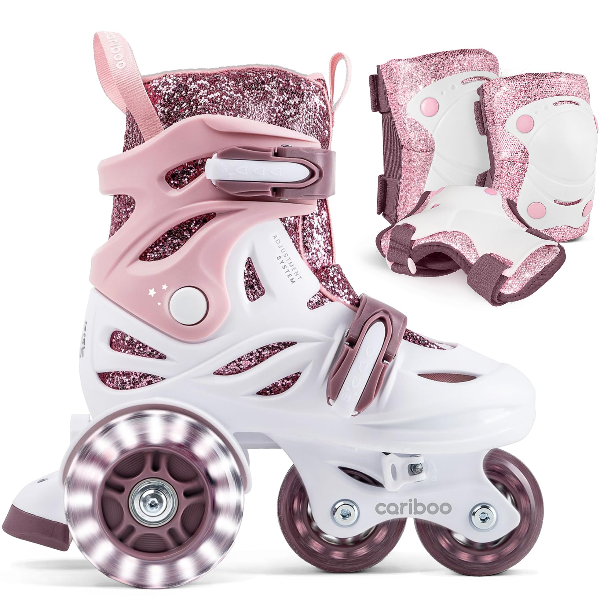 Cariboo Ballerina – Verstellbare Kinder-Inlineskates mit Schutzset (3-teilig), LED-Räder, Sicherheitsstopper, Einfaches Lernen, Glitzerdesign