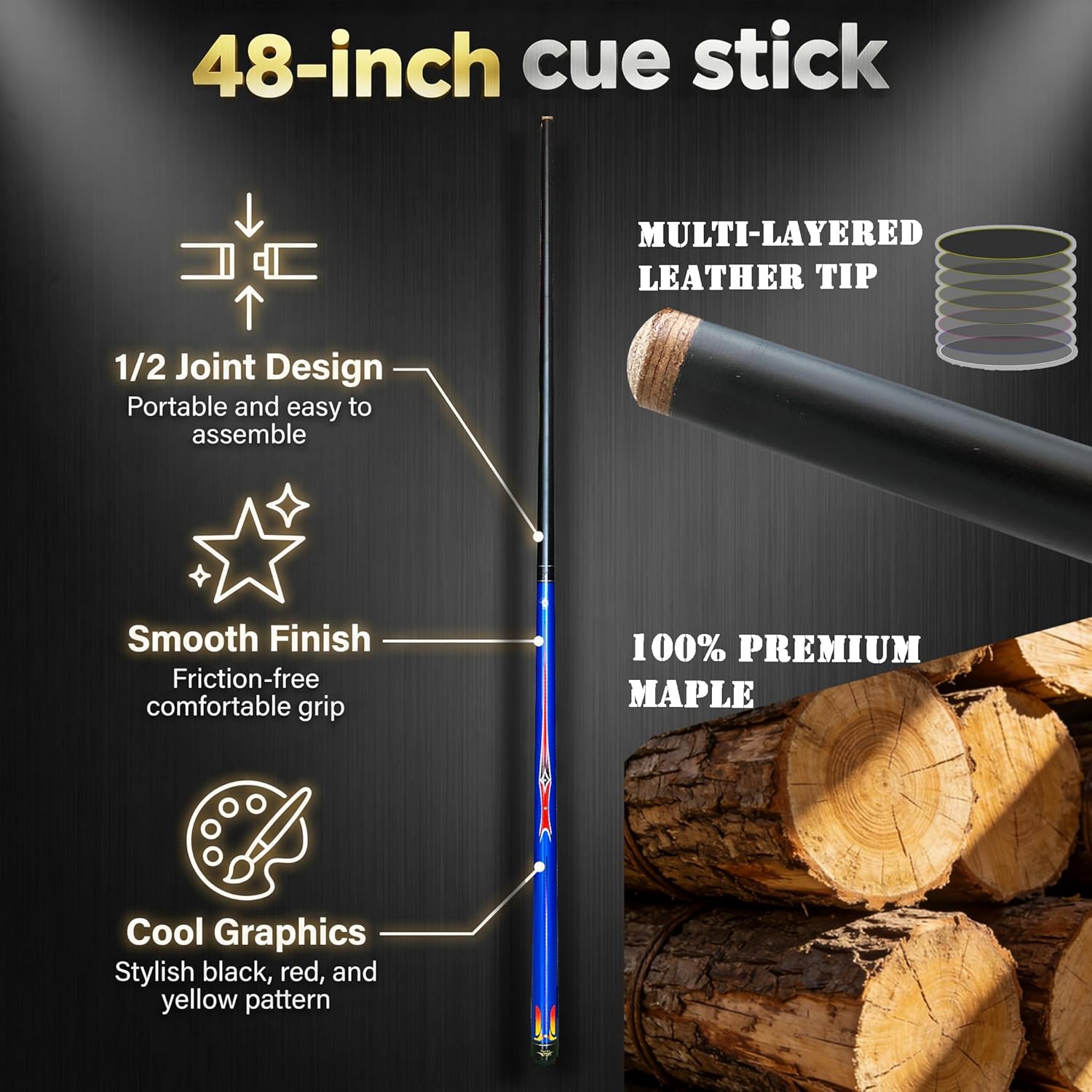 Tai ba cues 2-Piece Pool cue Stick, 13mm Tip, Short 48" Junior Kid cue, Hardwood Canadian Maple Professional Billiard Pool Cue Stick 18,19 Oz Pool Stick (Selectable)-Blue, Black