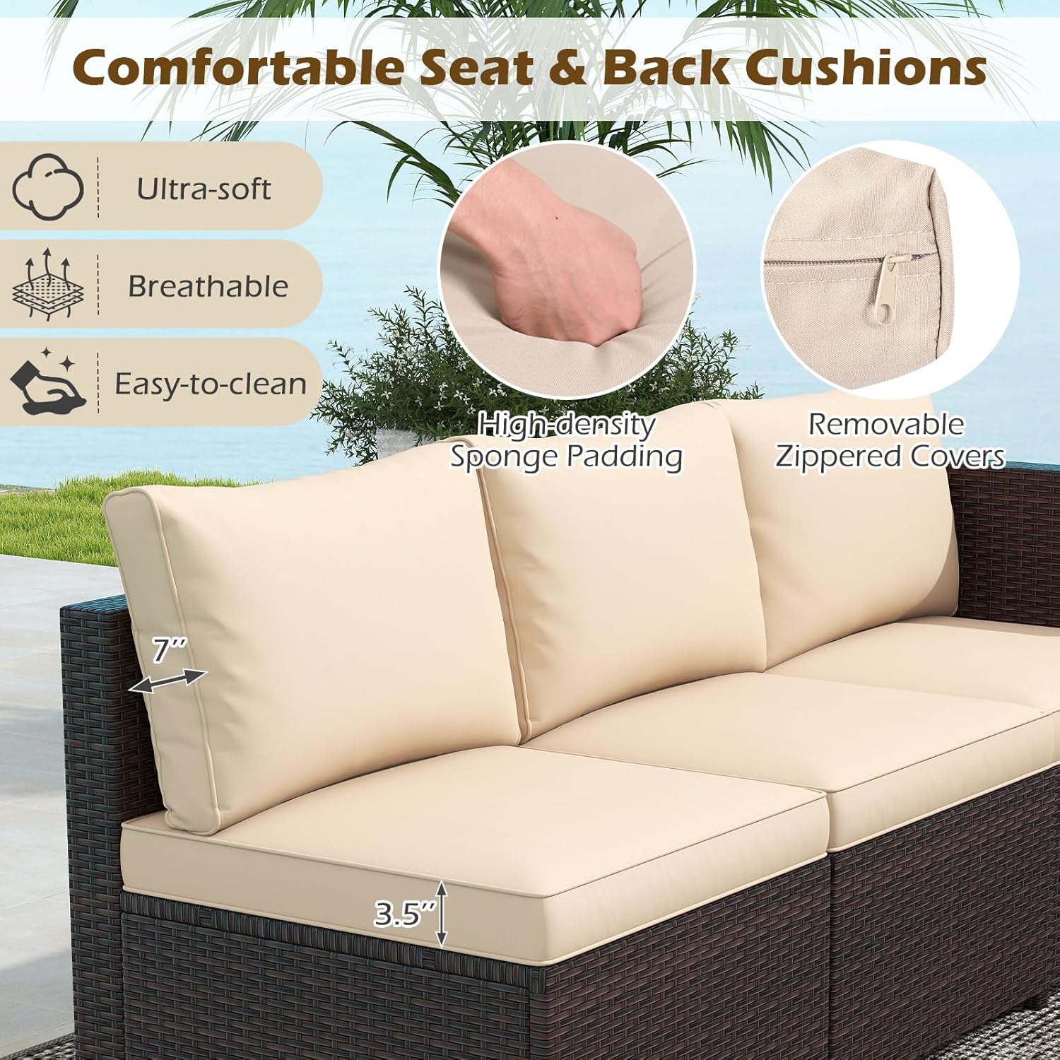 KOTEK 8 Pieces Patio Furniture Set, Outdoor Conversation Set with Cushions, Protective Cover, Tempered Glass Coffee Table & Storage Box, Rattan Sectional Sofa for Backyard Deck (Mix Brown- Beige)