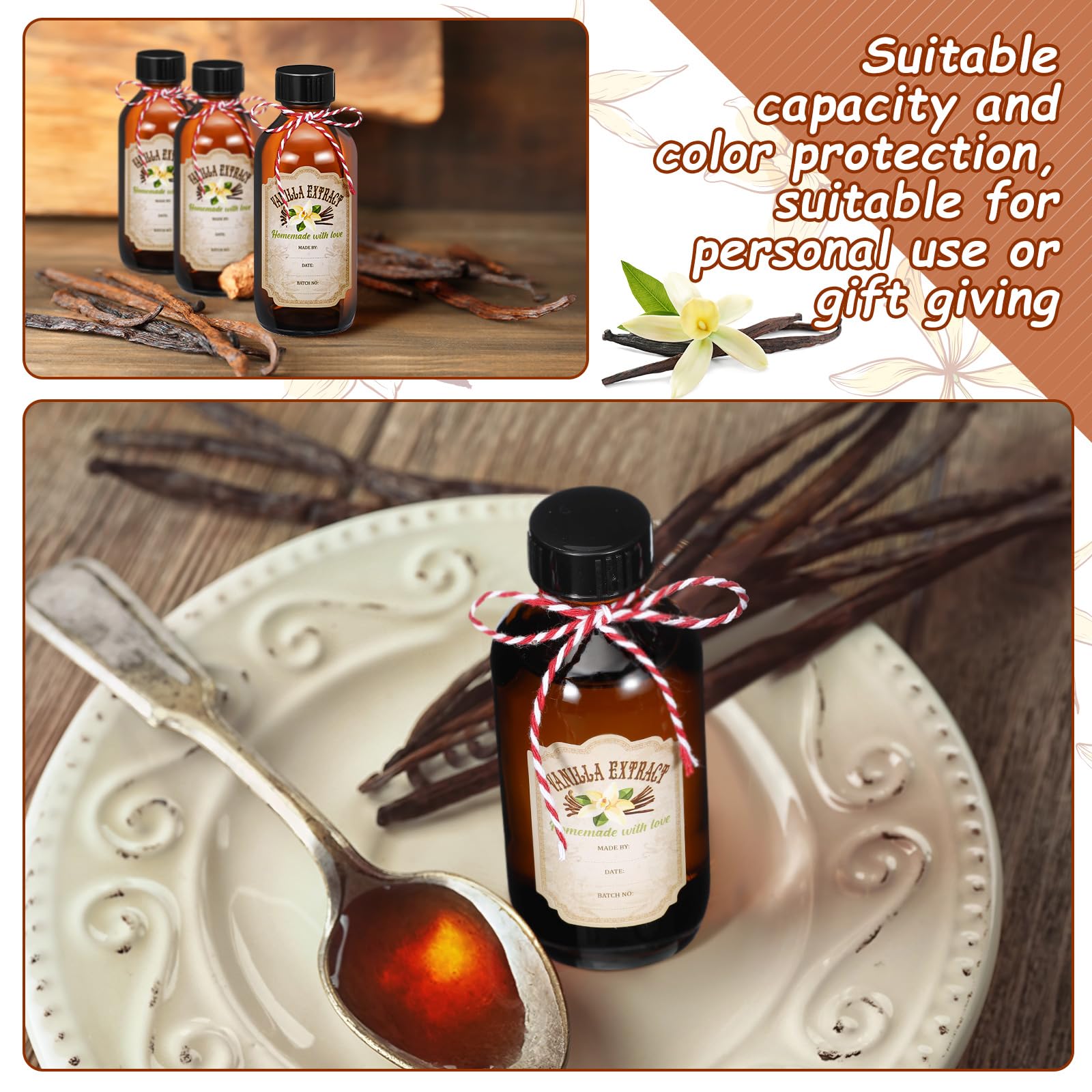 Uiifan Boston Vanilleextrakt-Flaschen, rund, mit Kappen, Glasflasche und 8 Vanilleextrakt-Etiketten, Aufkleber für Sirup, Geschenk, Glas, Lebensmittelbehälter-Set, Saucenbohnen (57 ml), 8 Stück