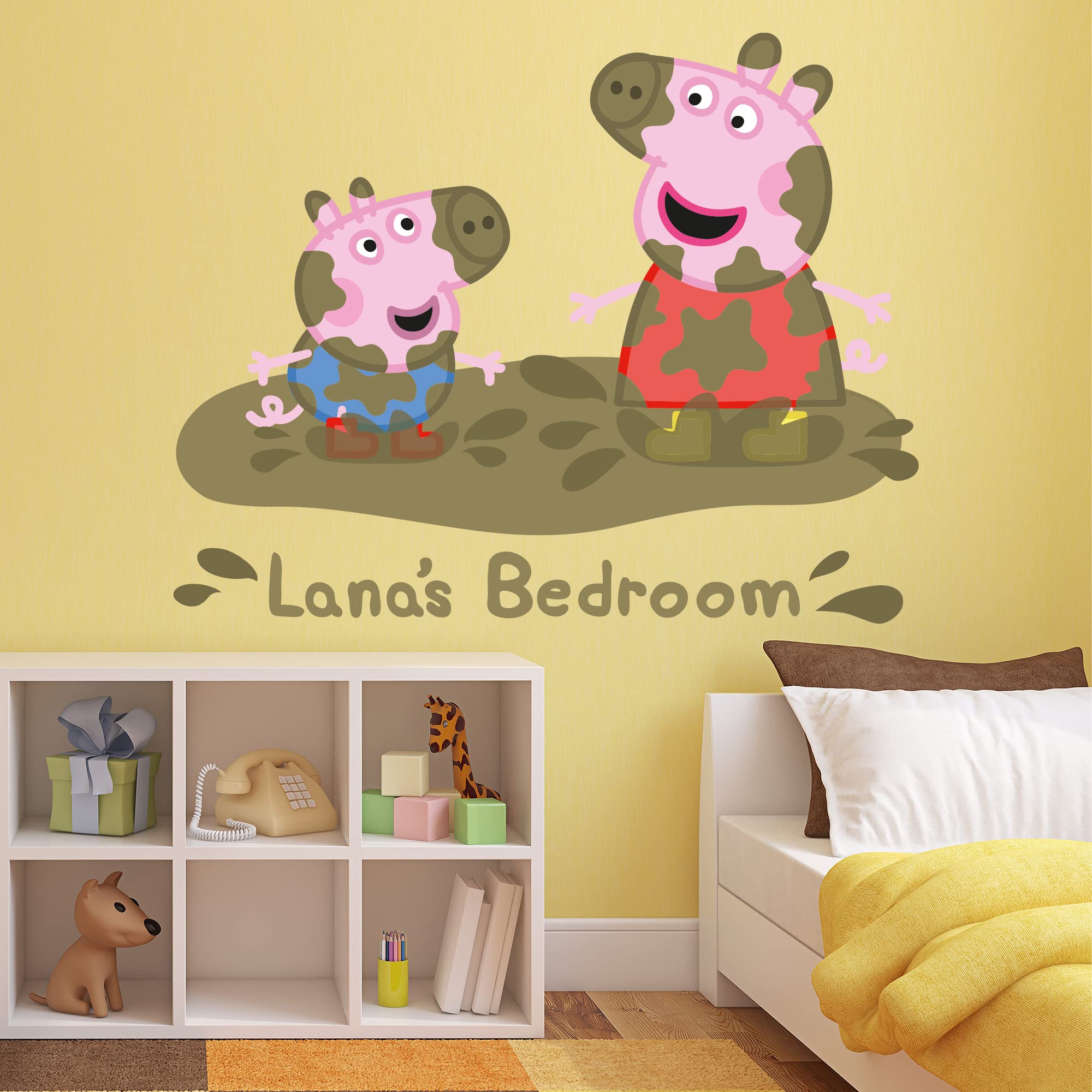 Peppa Pig Wall Sticker - Peppa and George Muddy Puddle Personalised Name Wall Decal Kids Art (90cm Width x 70cm Height)