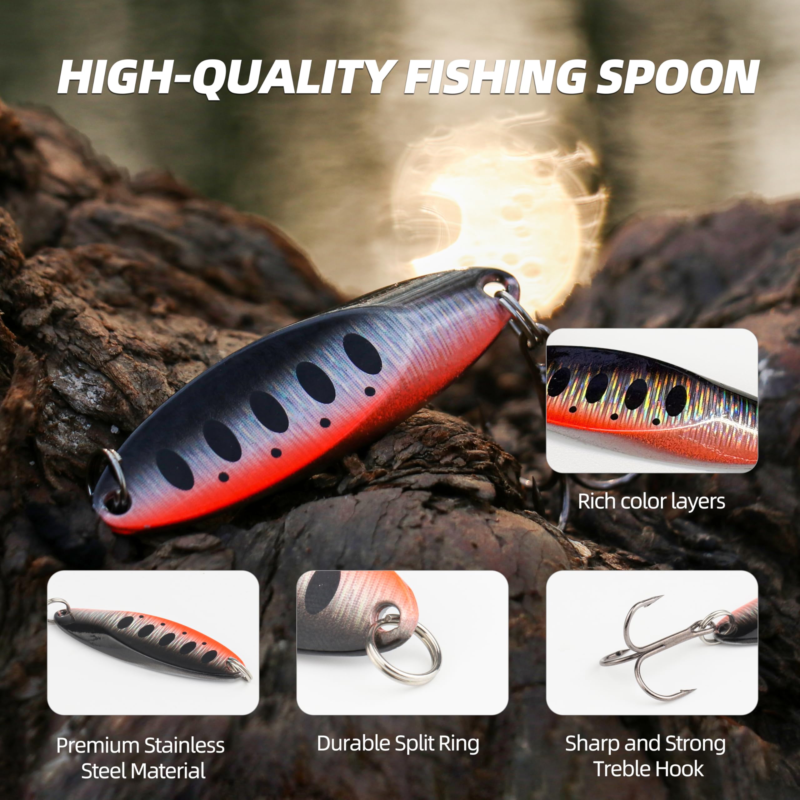 Jigging Spoon Angelköder, schräg geschnittener Metalllöffel mit Glüh- oder Federschwanz, High Flash, scharfe Drillingshaken, Präzisionswackel für Barsch, Forelle, Hecht & Zander