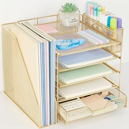 Miniatura 7 de Organizadores de escritorio y accesorios, organizador de bandeja de papel de 5 niveles con soporte para archivos, cajón y soporte para bolígrafos,