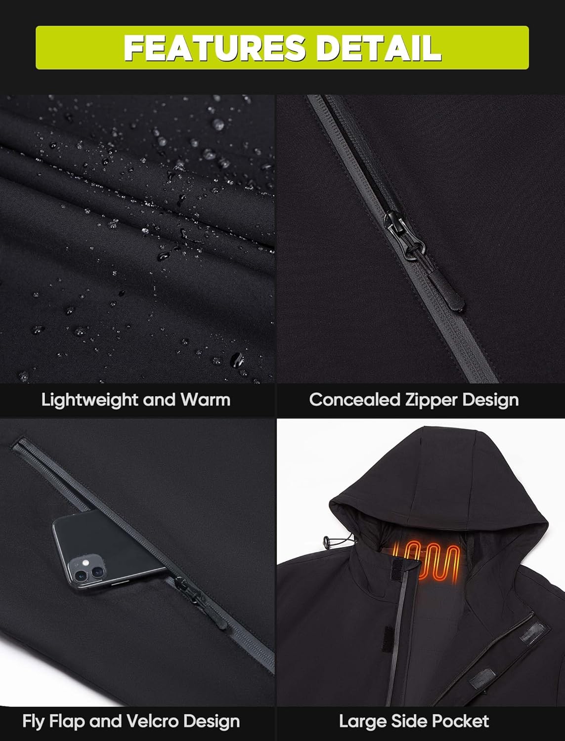 Heated Jacket, 12V 20000mAh Battery, Waterproof Outdoor Rain Jacket with Hood - Image 5