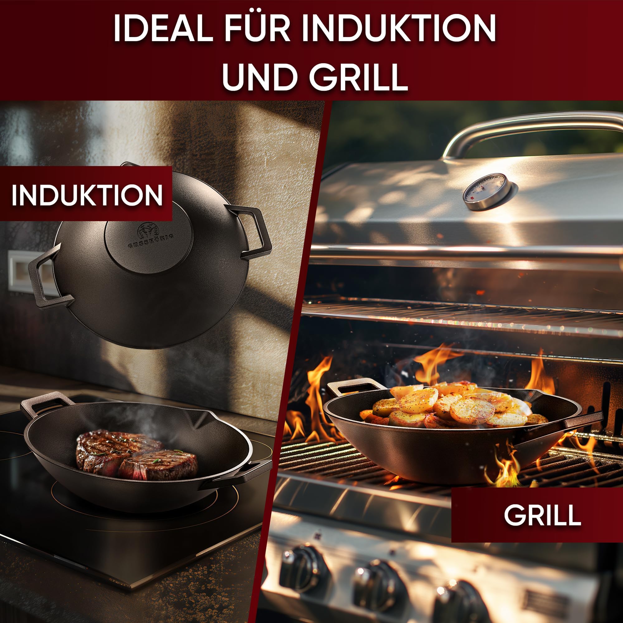 GUSSKÖNIG Gusseisen Wok Pfanne - 35 cm robuste Wokpfanne für Gasgrill, Herd, Ofen und Lagerfeuer- Gusseisen Wokpfanne inkl. Pflegepaste, Ringreiniger, Grillhandschuhe & Rezeptbuch - 30 Jahre Garantie